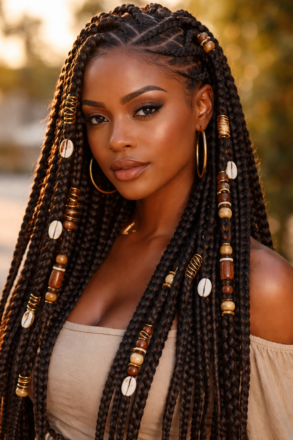 Close-up of tribal braids with large accessories like cuffs and beads on thick hair