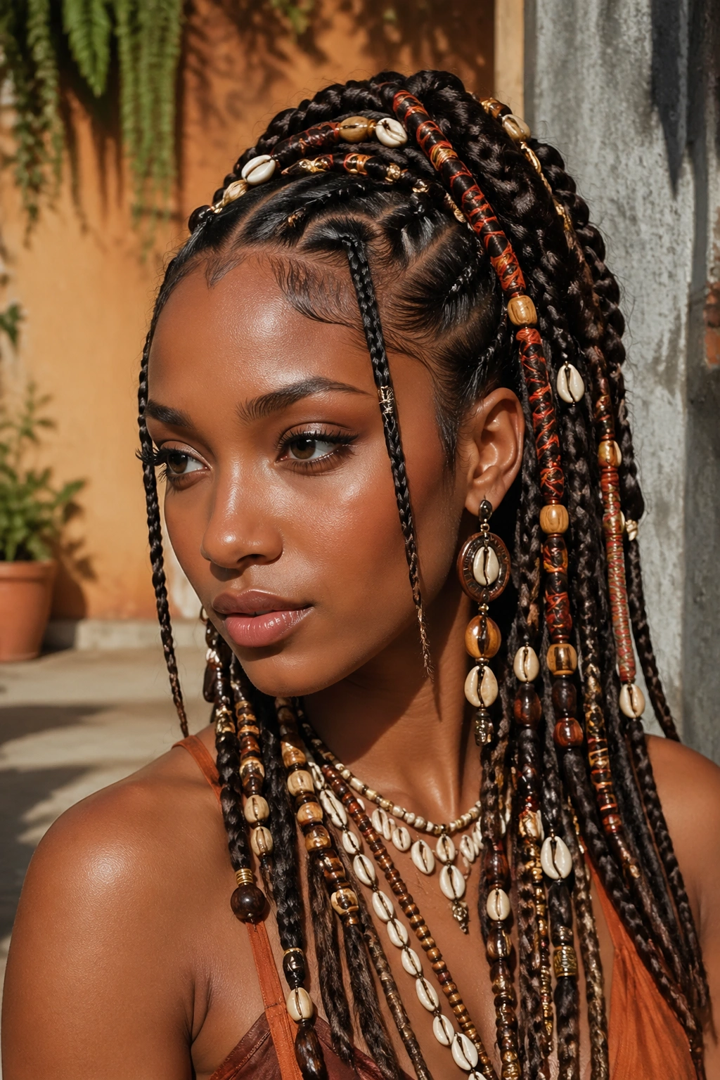 Close-up portrait of a real woman with tribal braids featuring beads and shells.