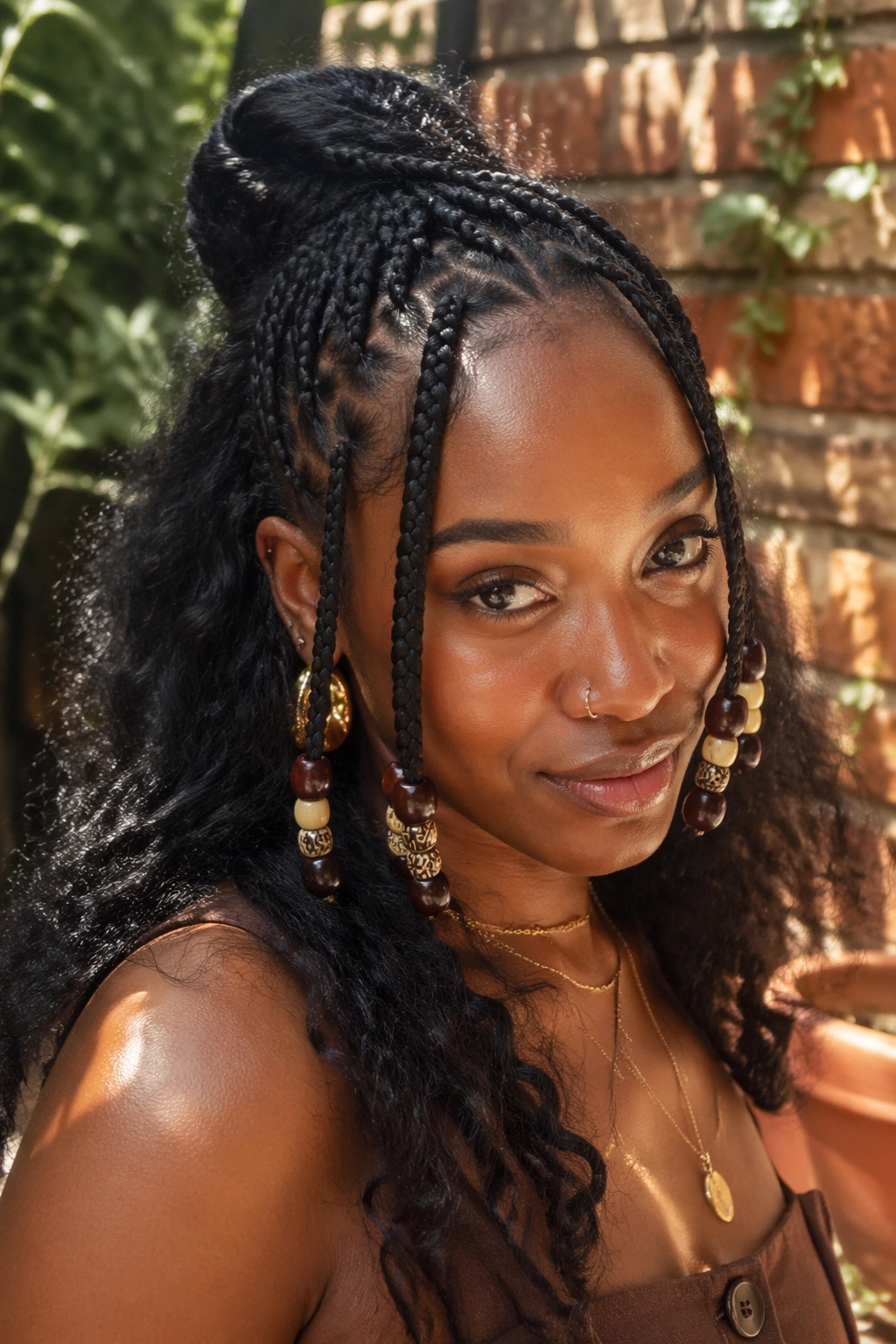Close-up of tribal braids with beads at the front on a real woman in an outdoor courtyard