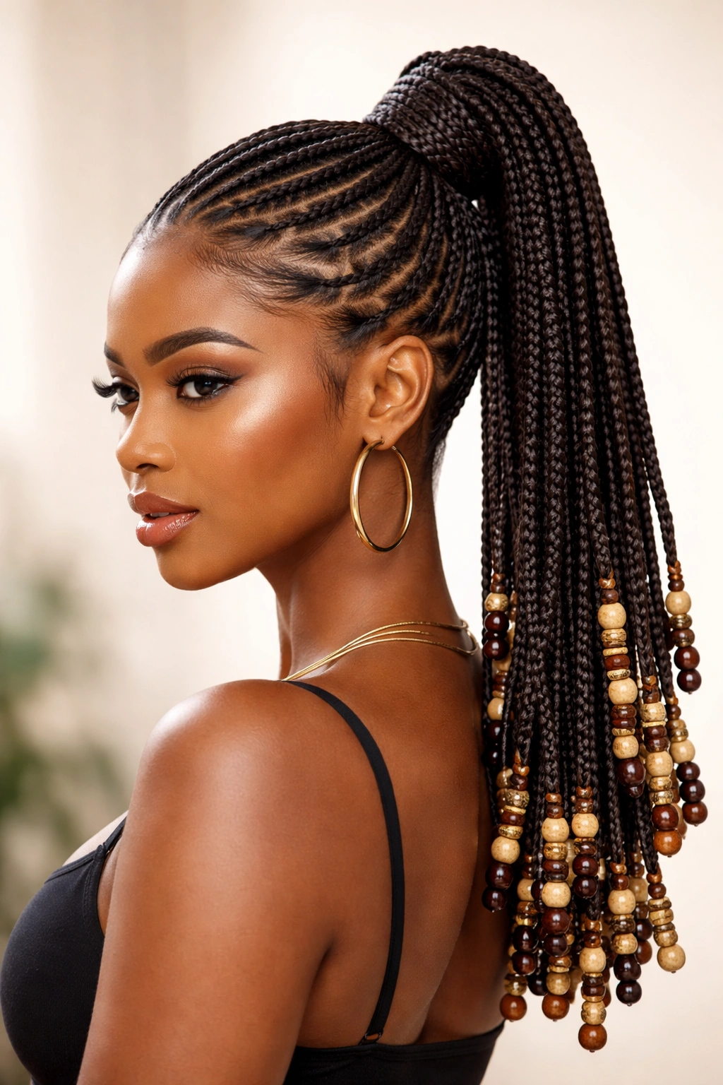 Tribal braided ponytail with beads at the ends