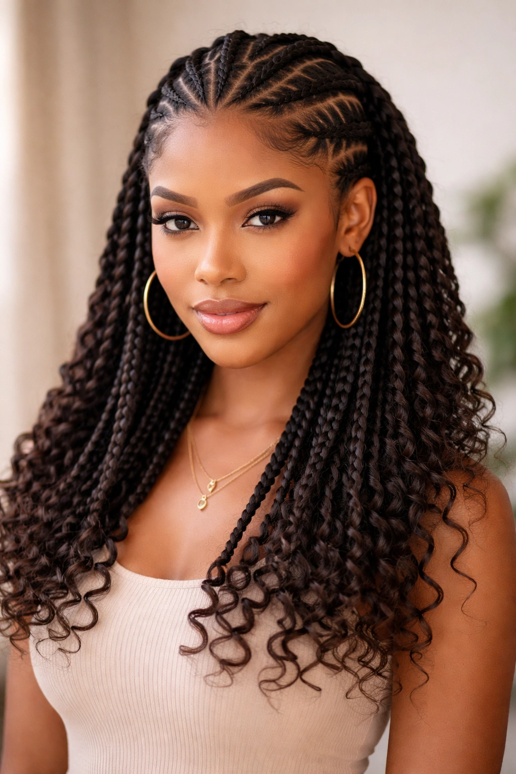 Bold tribal braids with curly ends in a rhythmic pattern.