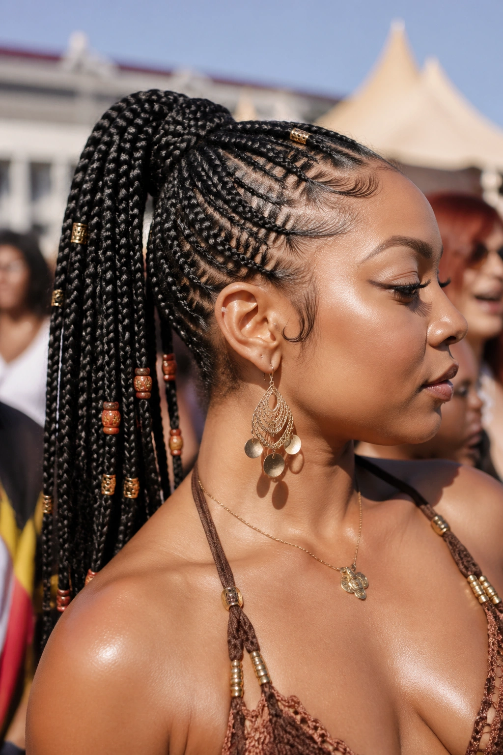 Close-up of tribal braids with beads forming a mid ponytail on a real woman