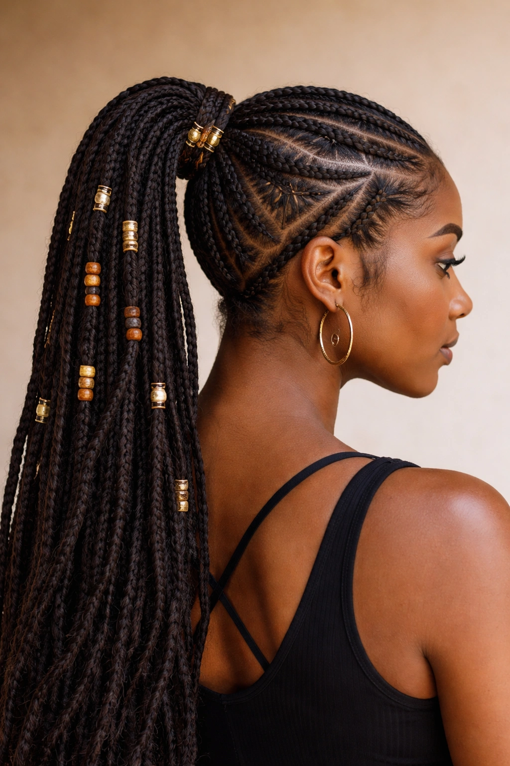 Tribal-Inspired Braided Ponytail with scalp braids and beads