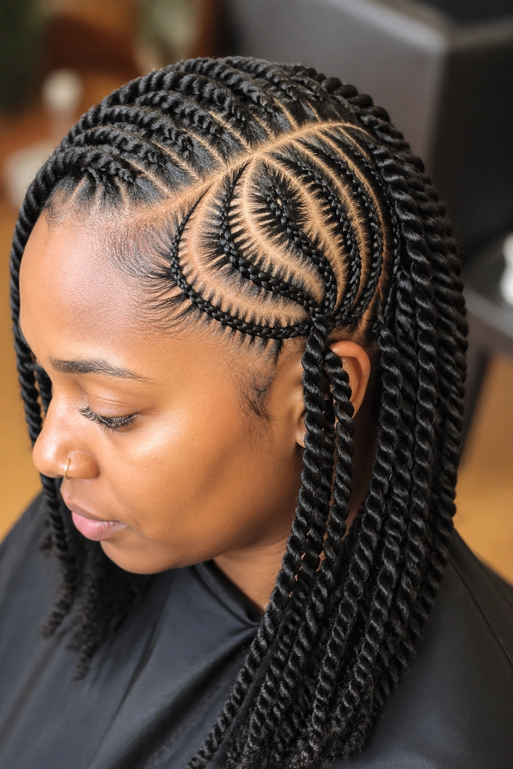 Real person with tribal cornrow pattern and flat twist finish
