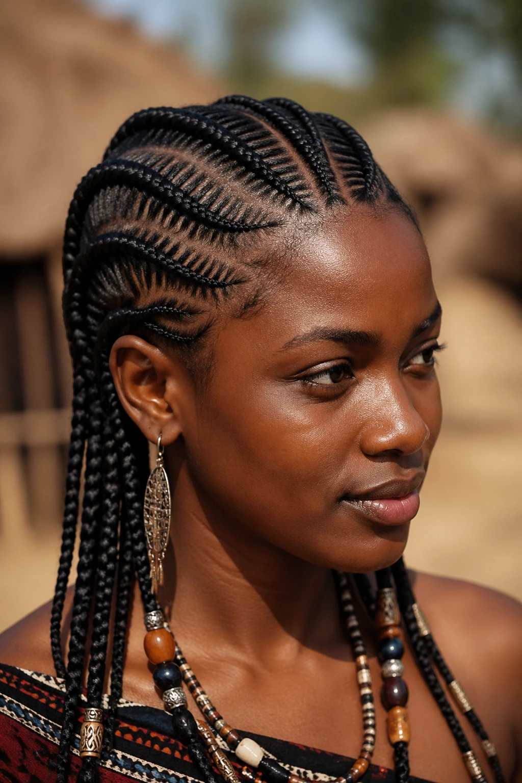 Close-up of tribal-inspired cornrow patterns on a real woman's scalp