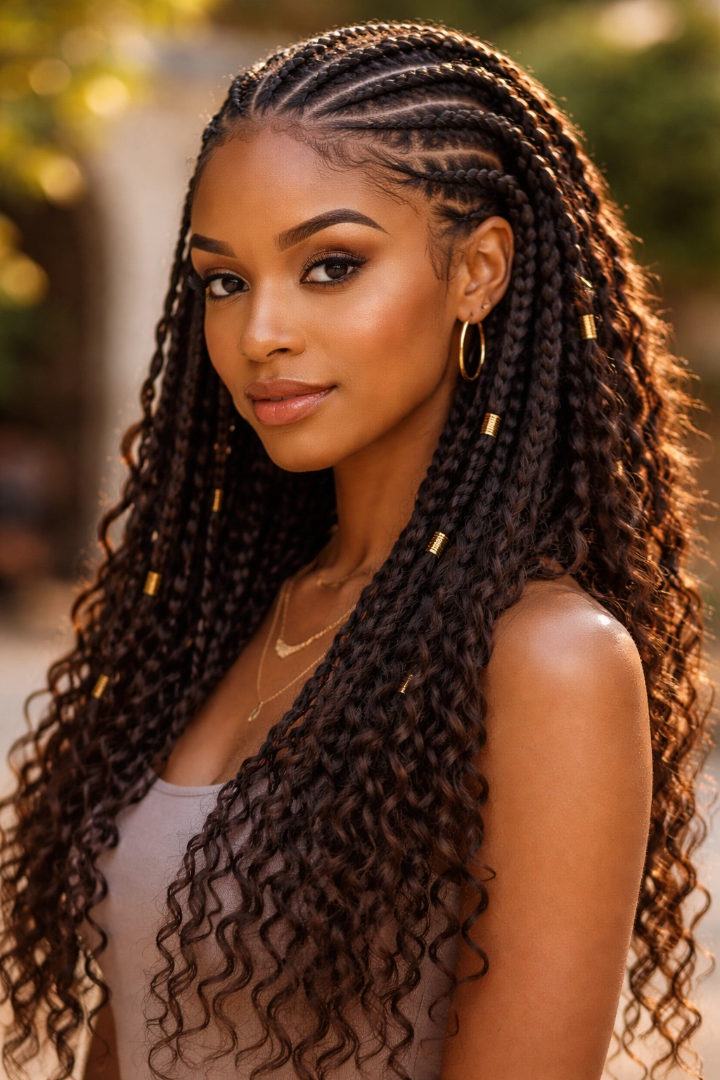 Close-up of a real woman with tribal cornrows transitioning into bohemian box braids in natural light