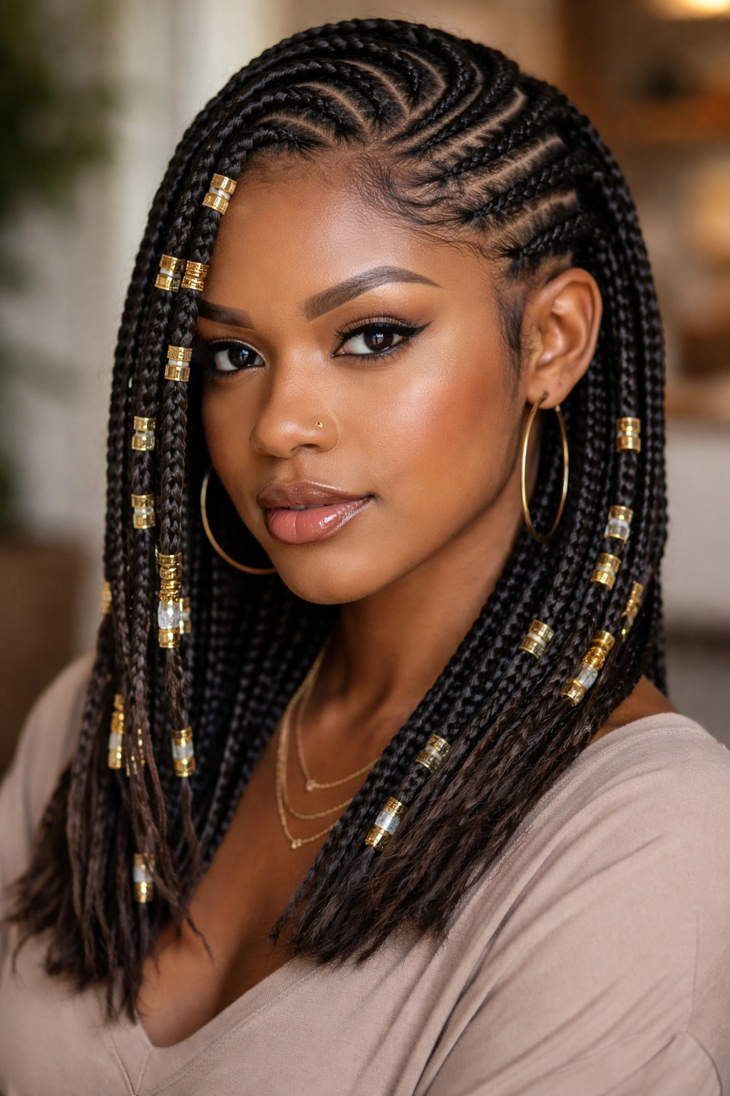 Real woman with tribal cornrows featuring mixed braid sizes and metallic cuffs