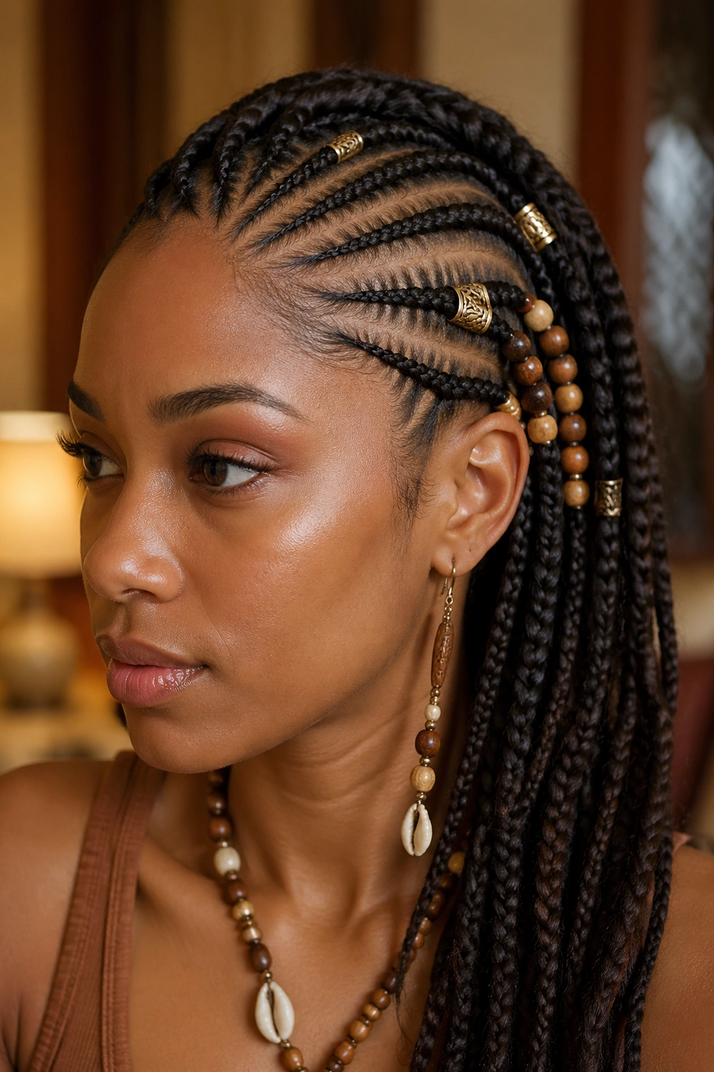 Close-up of a real woman with tribal side cornrows featuring cuffs and beads