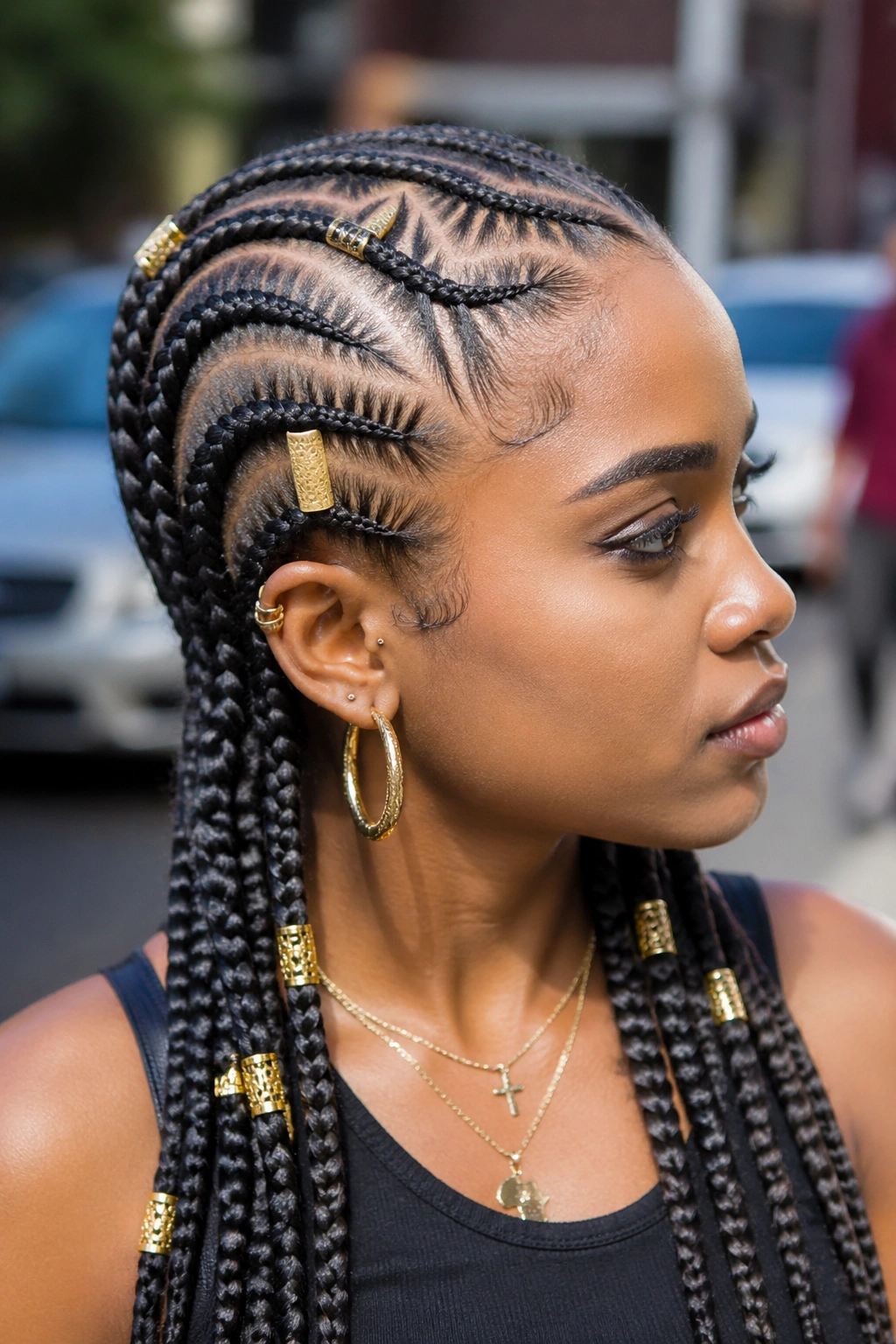 Close-up of a real woman with tribal cornrows and gold cuffs in daylight outdoors