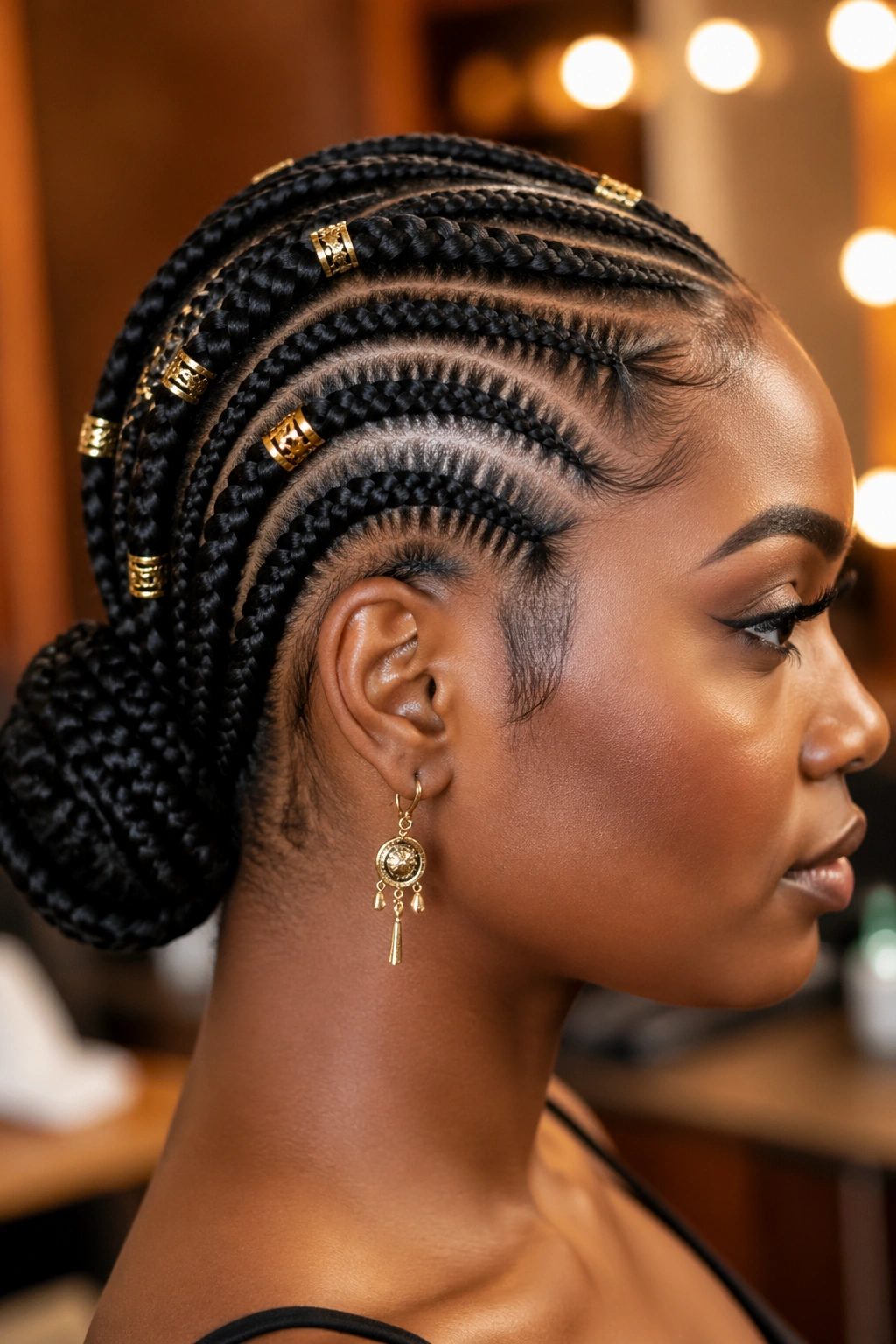 Close-up of a Black woman with tribal cornrows and gold cuffs in an updo