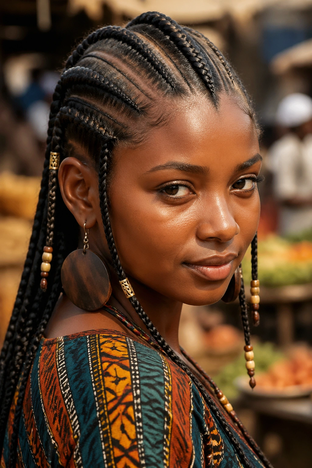 Close-up of a real woman with tribal cornrows showing origins-inspired patterns in an outdoor market setting