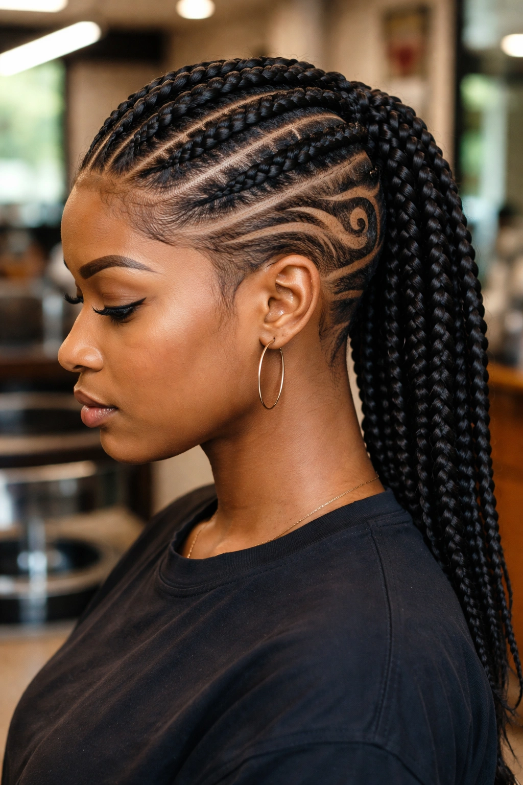 Close-up of tribal cornrows with shaved designs on thick Afro hair