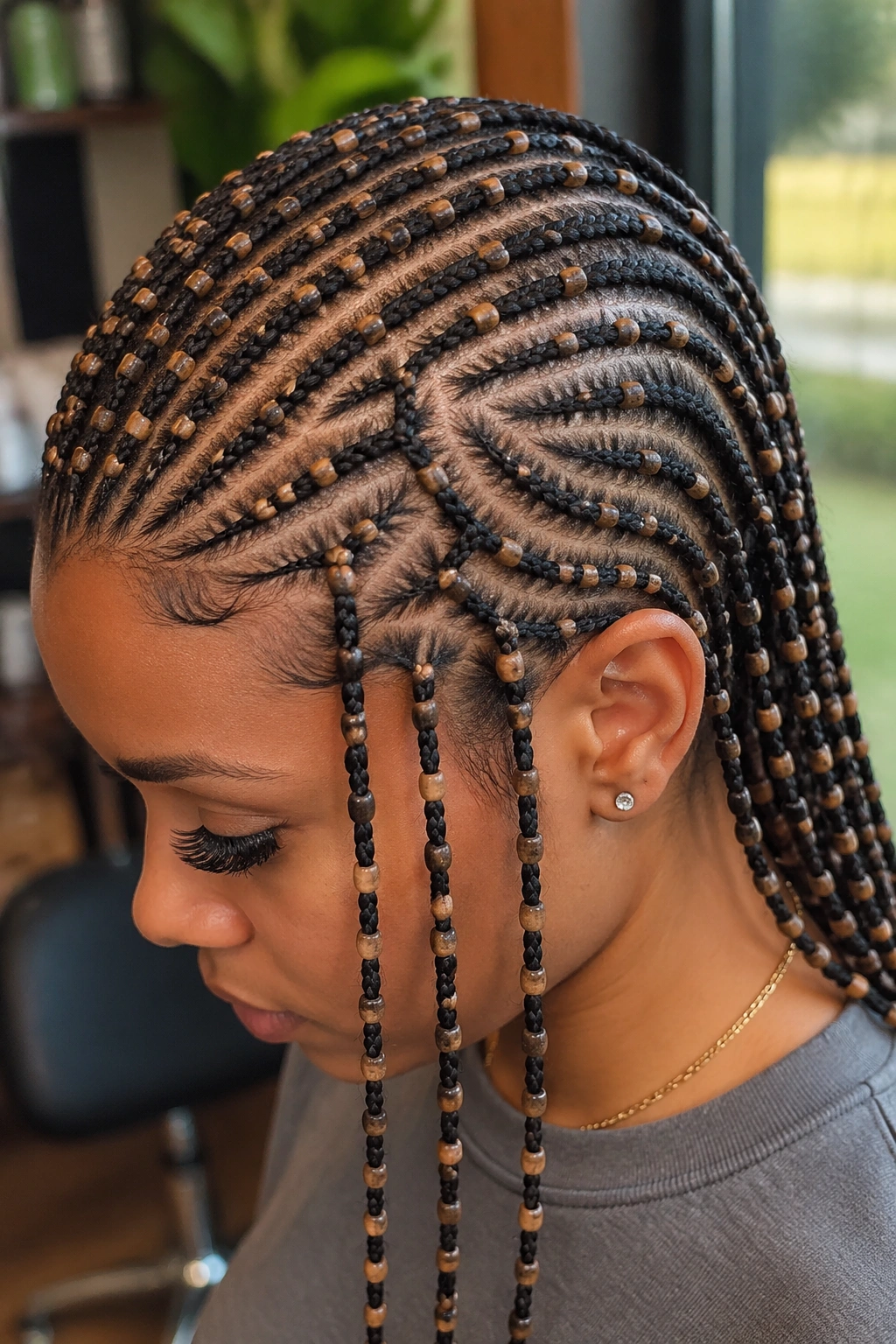 Close-up tribal cornrows with wooden beads along each braid