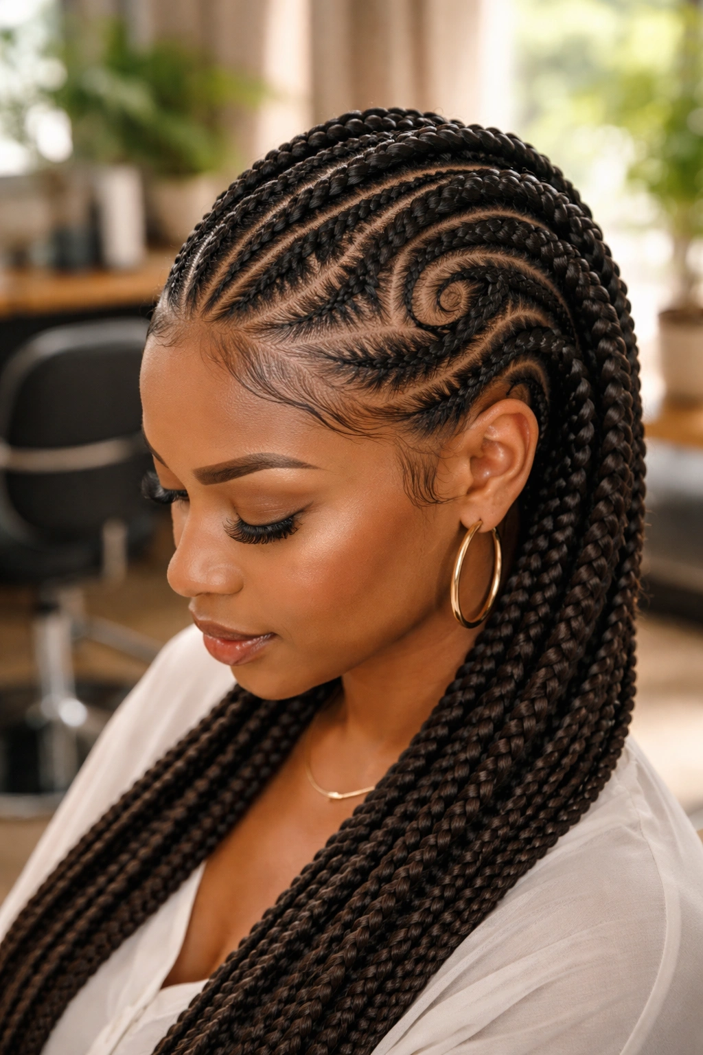 Close-up of tribal curved cornrows forming loops on a real person's scalp in a sunlit salon