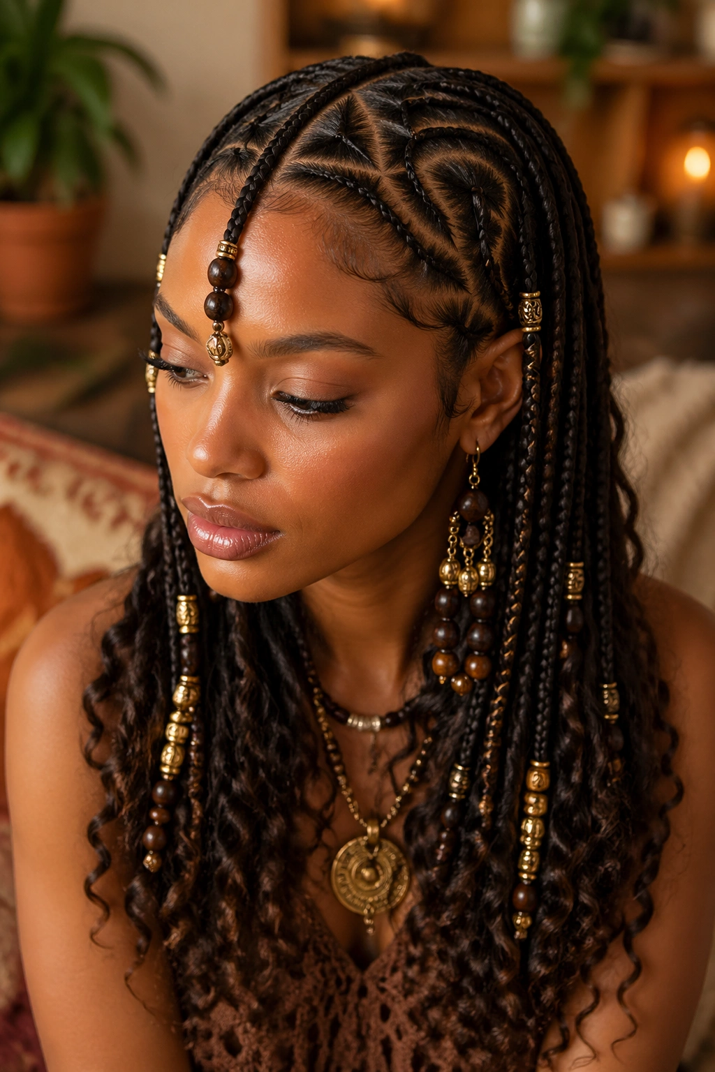 Close-up of a real woman with tribal Fulani curls and beaded accents