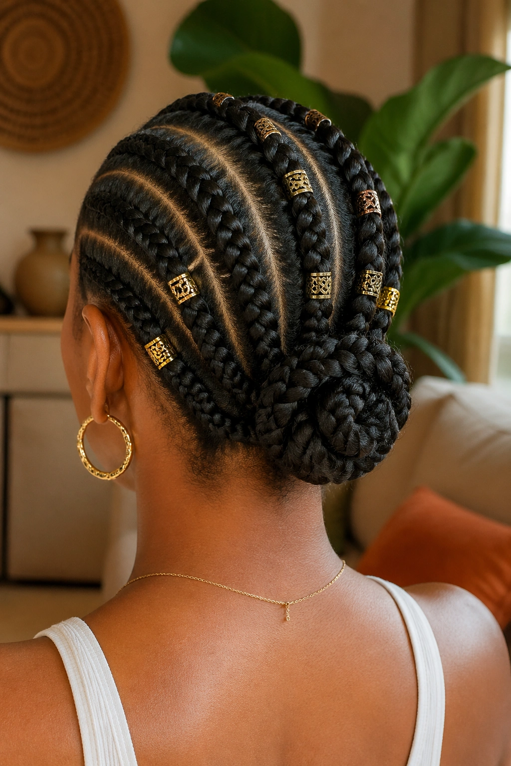 Back-of-head portrait of a real woman with tribal knot cornrow style and bead accents