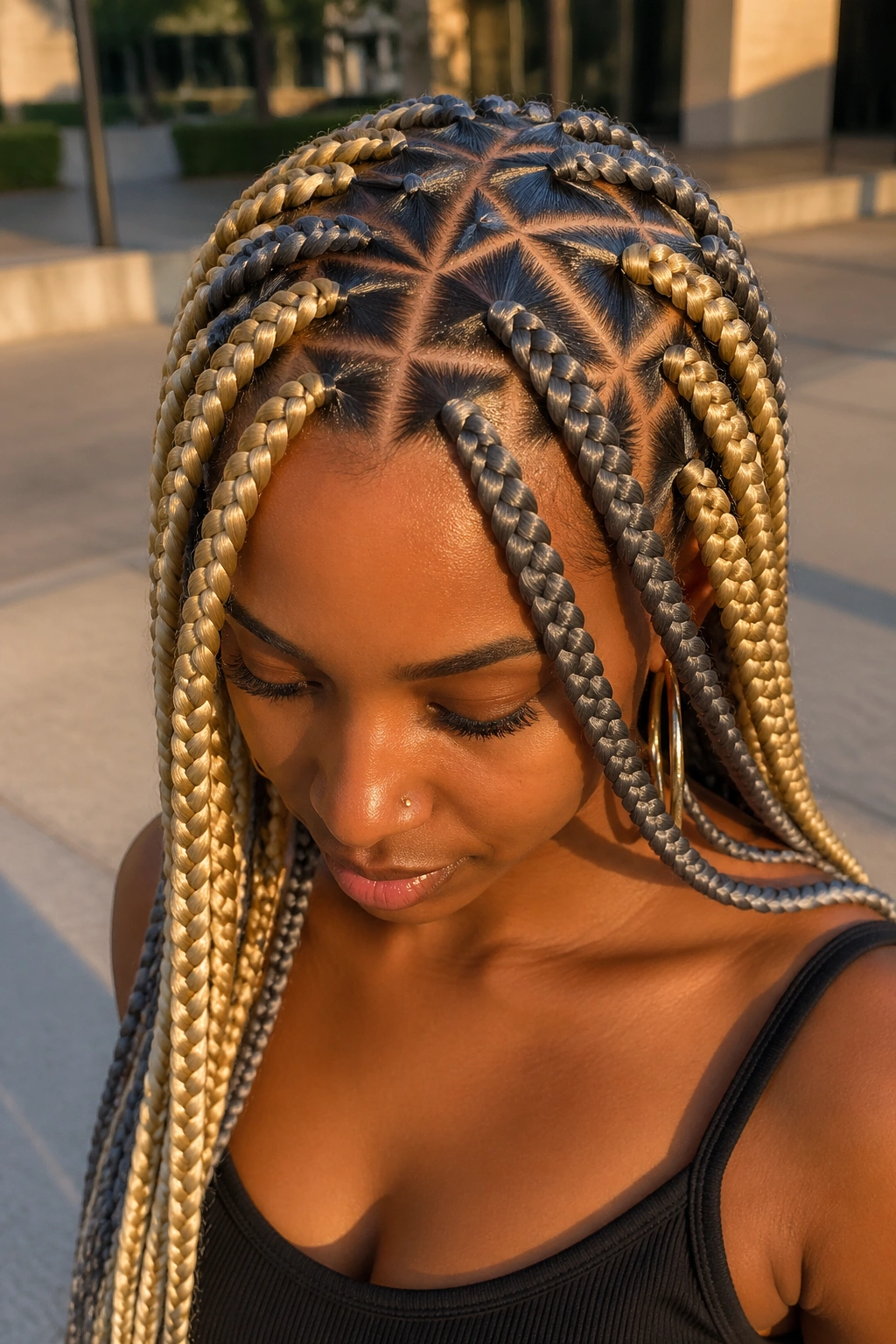 Close-up of tribal-part box braids in blonde and grey on real person