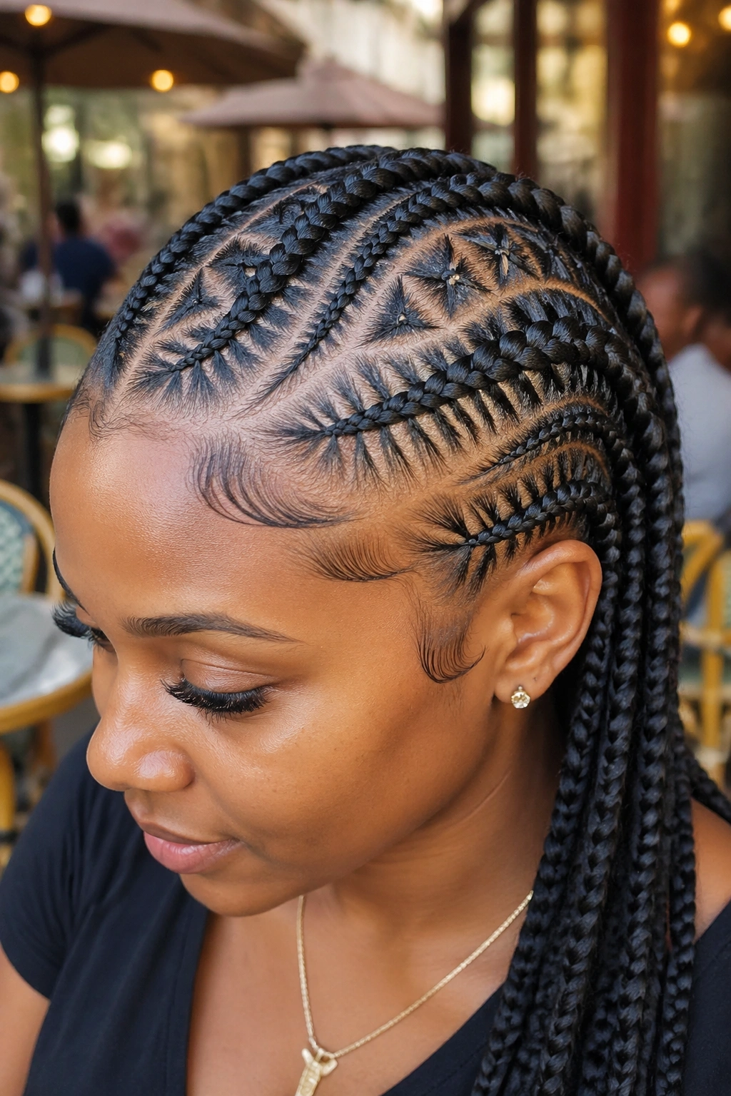 Real woman with tribal stitch cornrows featuring triangles and diamonds