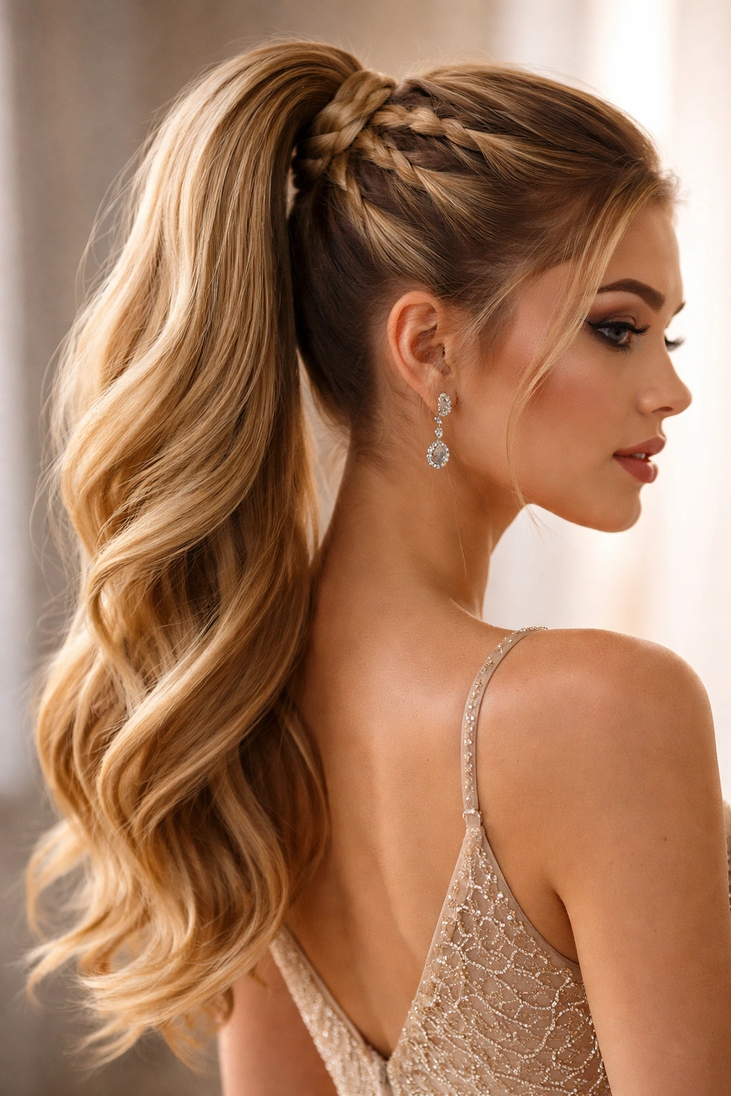 High pony with three small braids integrated at the base