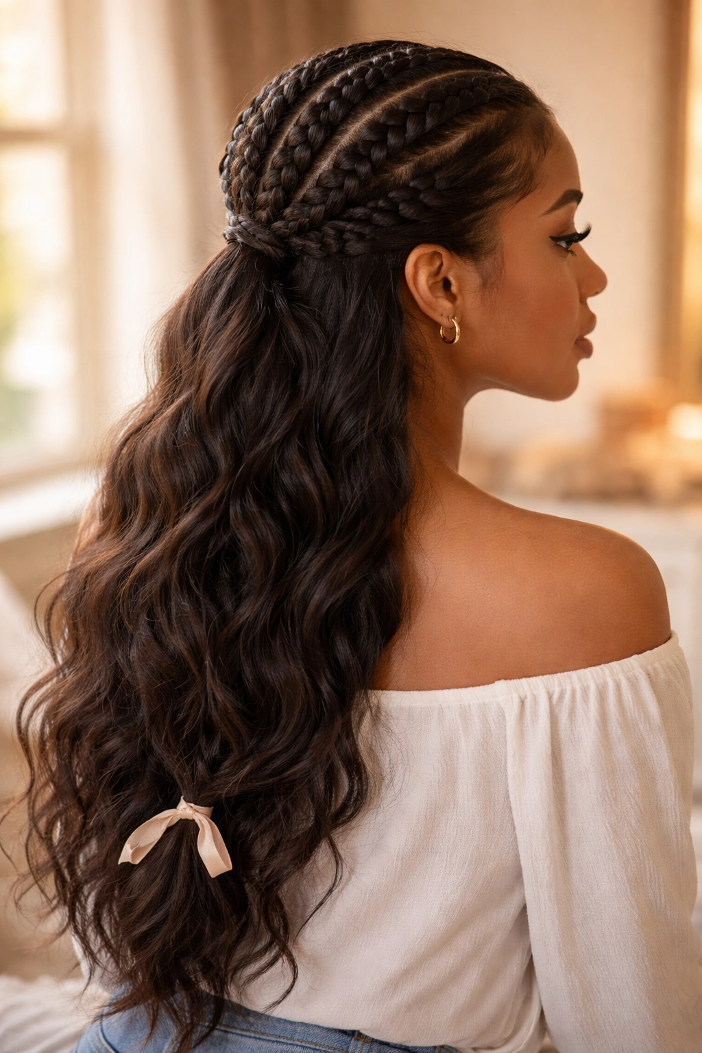 Close-up of triple cornrows flowing into a low half braid on a real woman