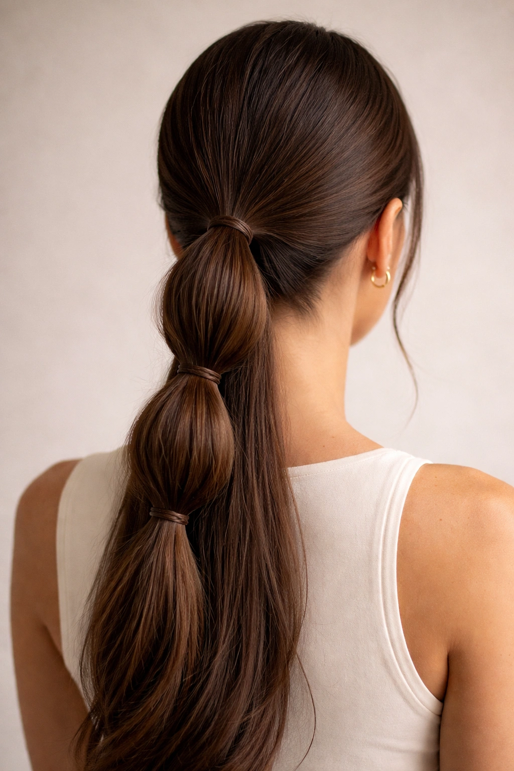 Back view of a long hair triple-section ponytail with three elastic bands