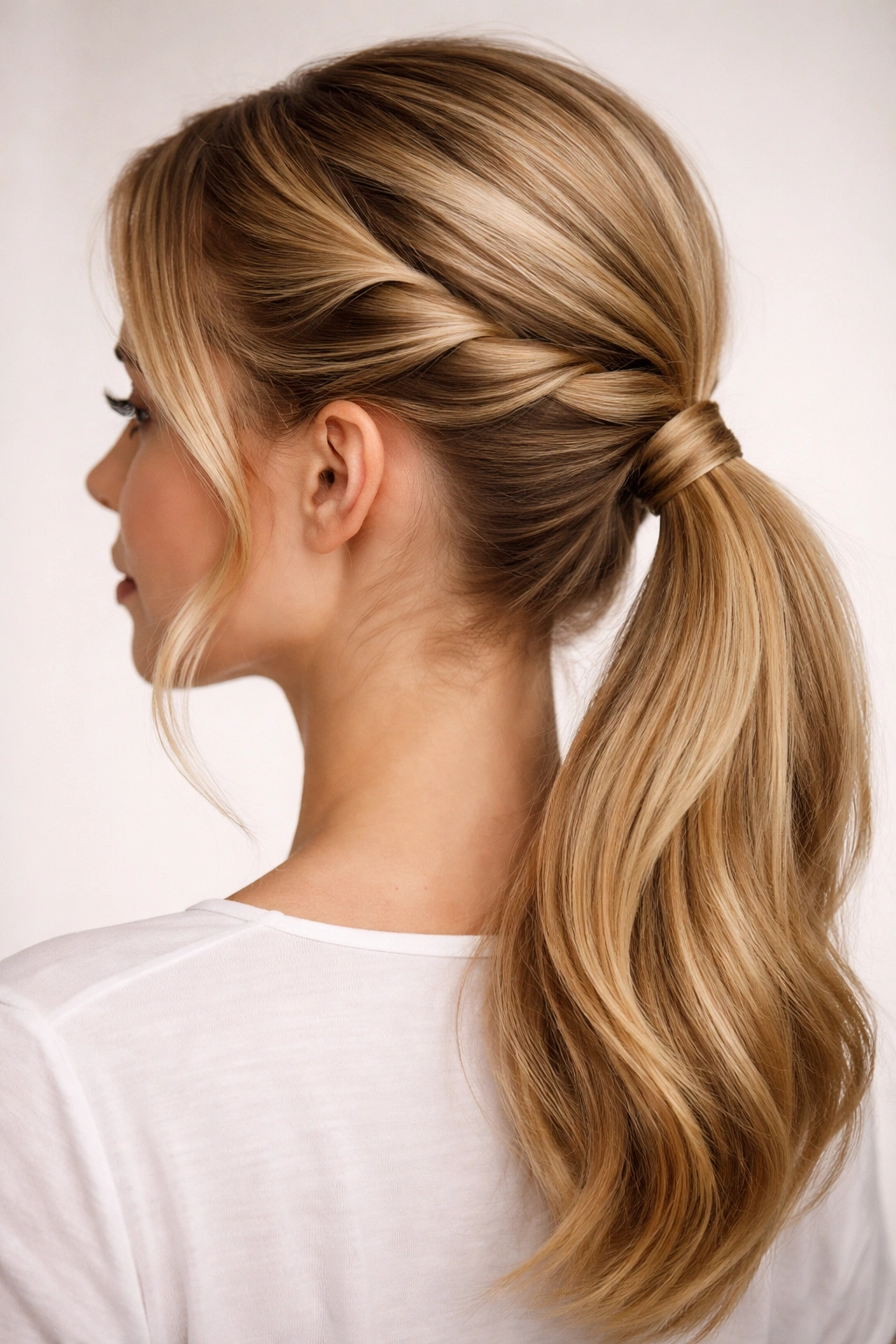 Triple-Twist Pony: side view with three twists into a low ponytail