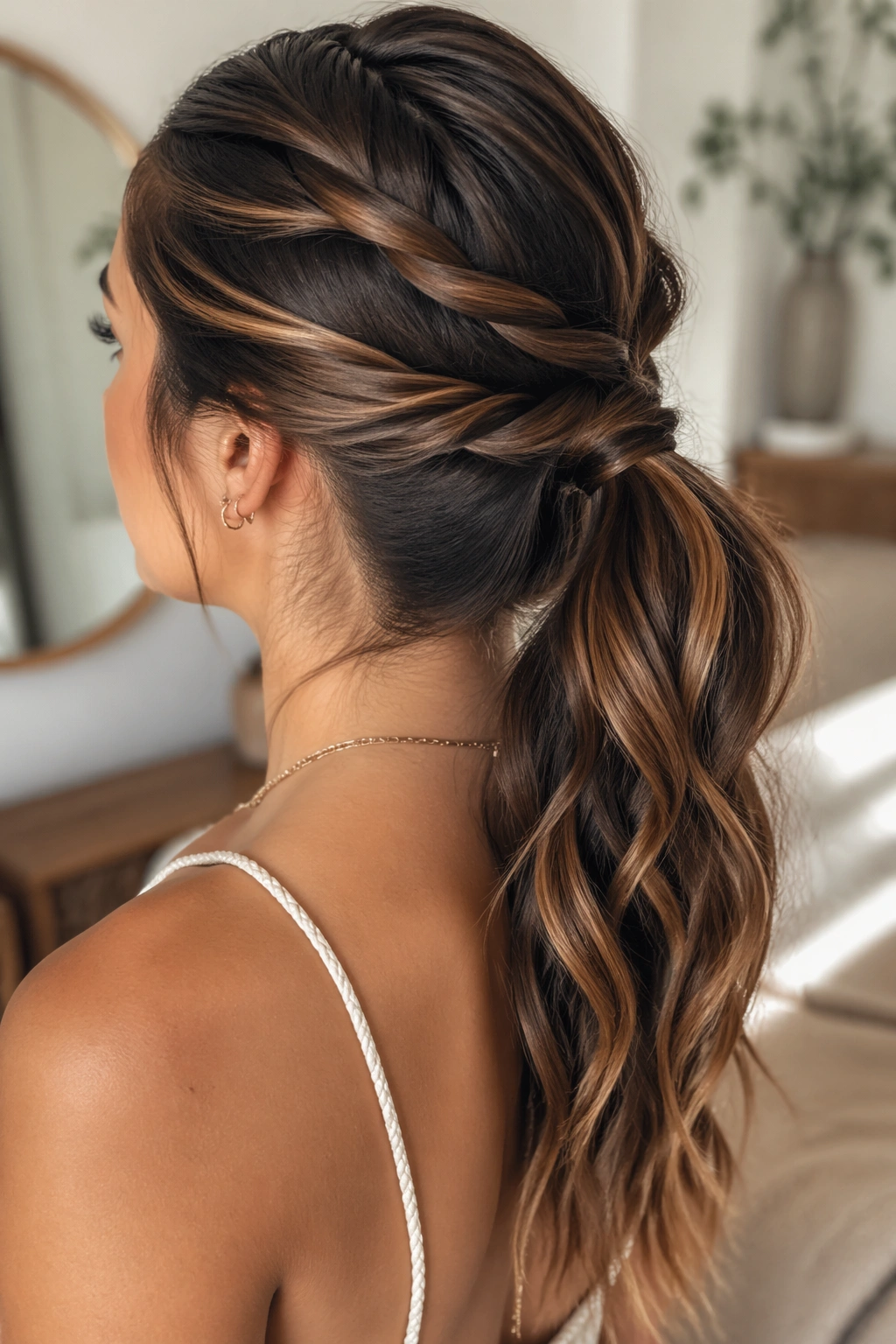 Real woman with triple-twist ponytail in a soft morning light