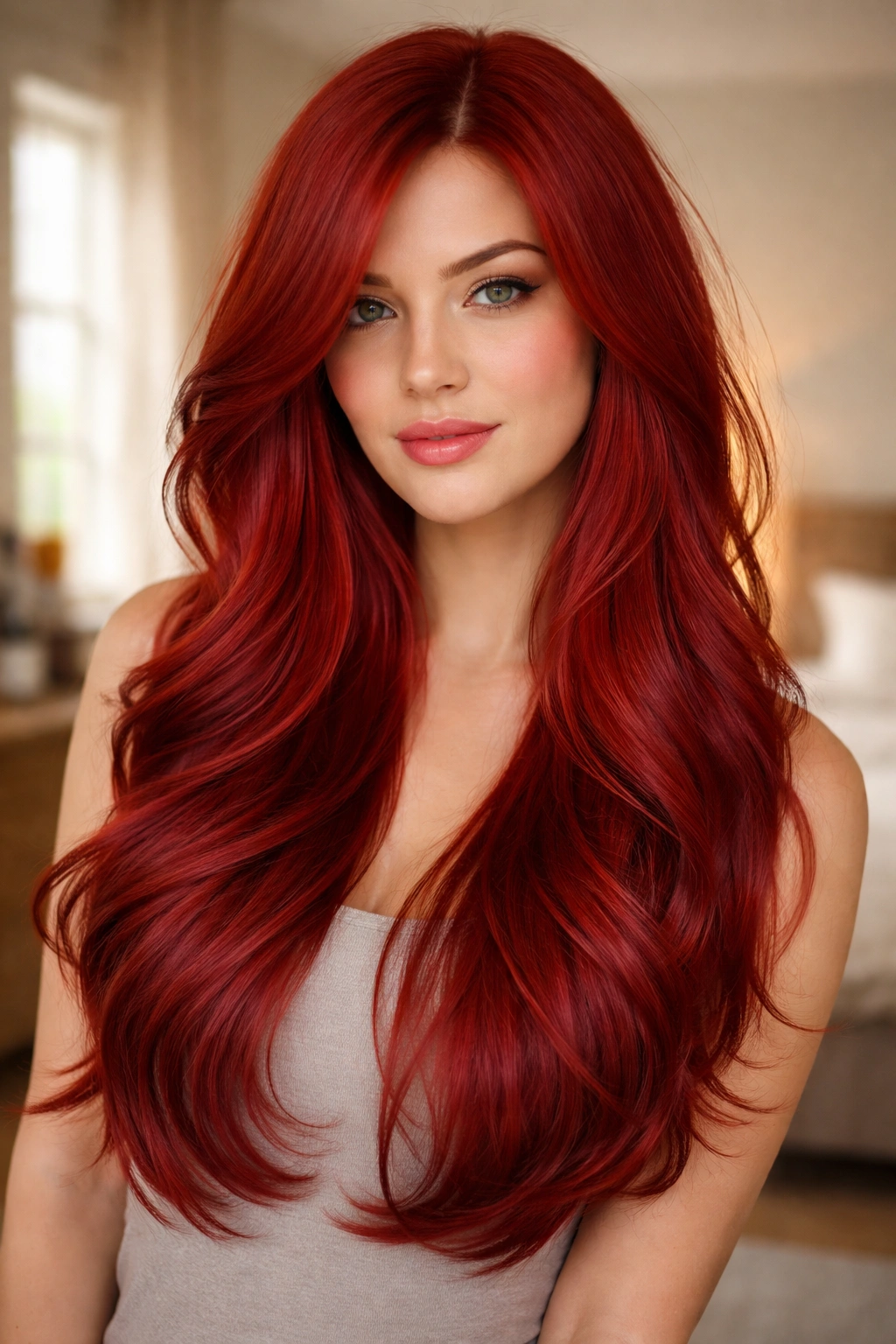 Close-up of a real woman with true red cascading layers and soft waves