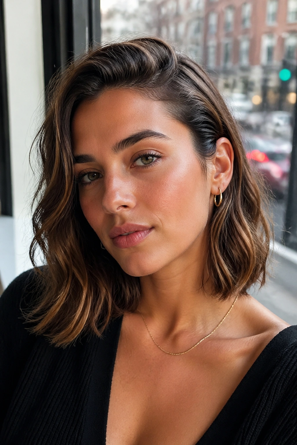 Real woman with a collarbone-length lob tucked behind the ear