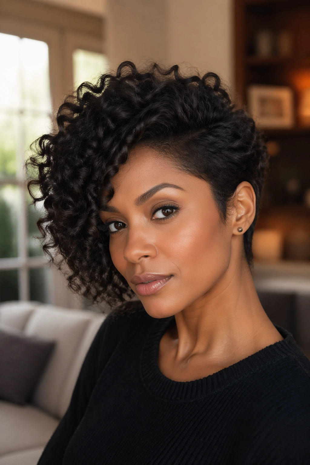 Close-up portrait of a real woman with a short curly wig, one side tucked behind the ear.