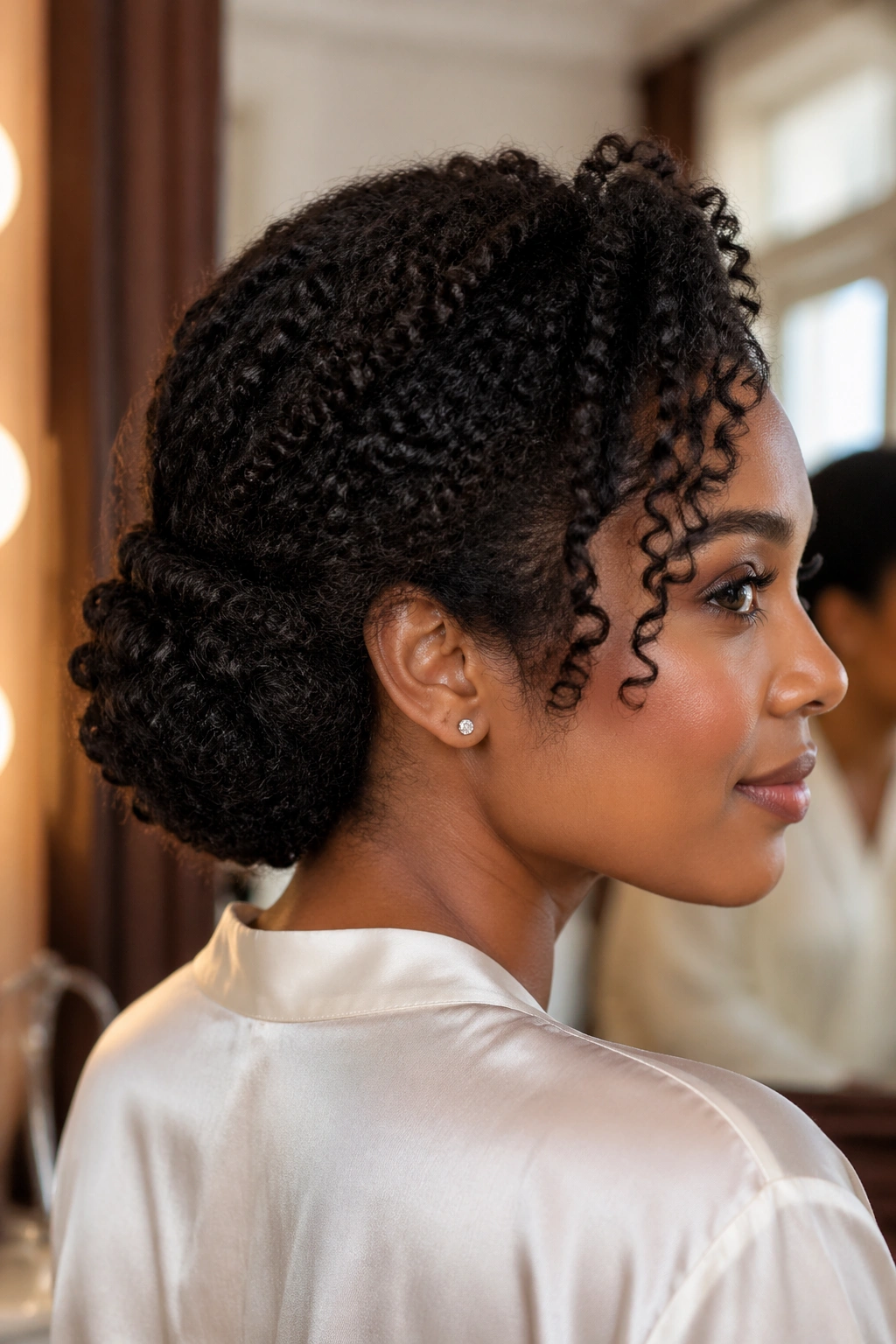 Close-up of a real woman with rolled tuck-and-pin chignon showing textured curls at the nape