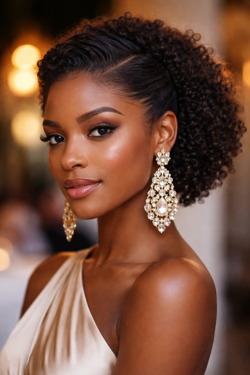 Close-up of a real person with a tucked-back small afro and statement earrings.