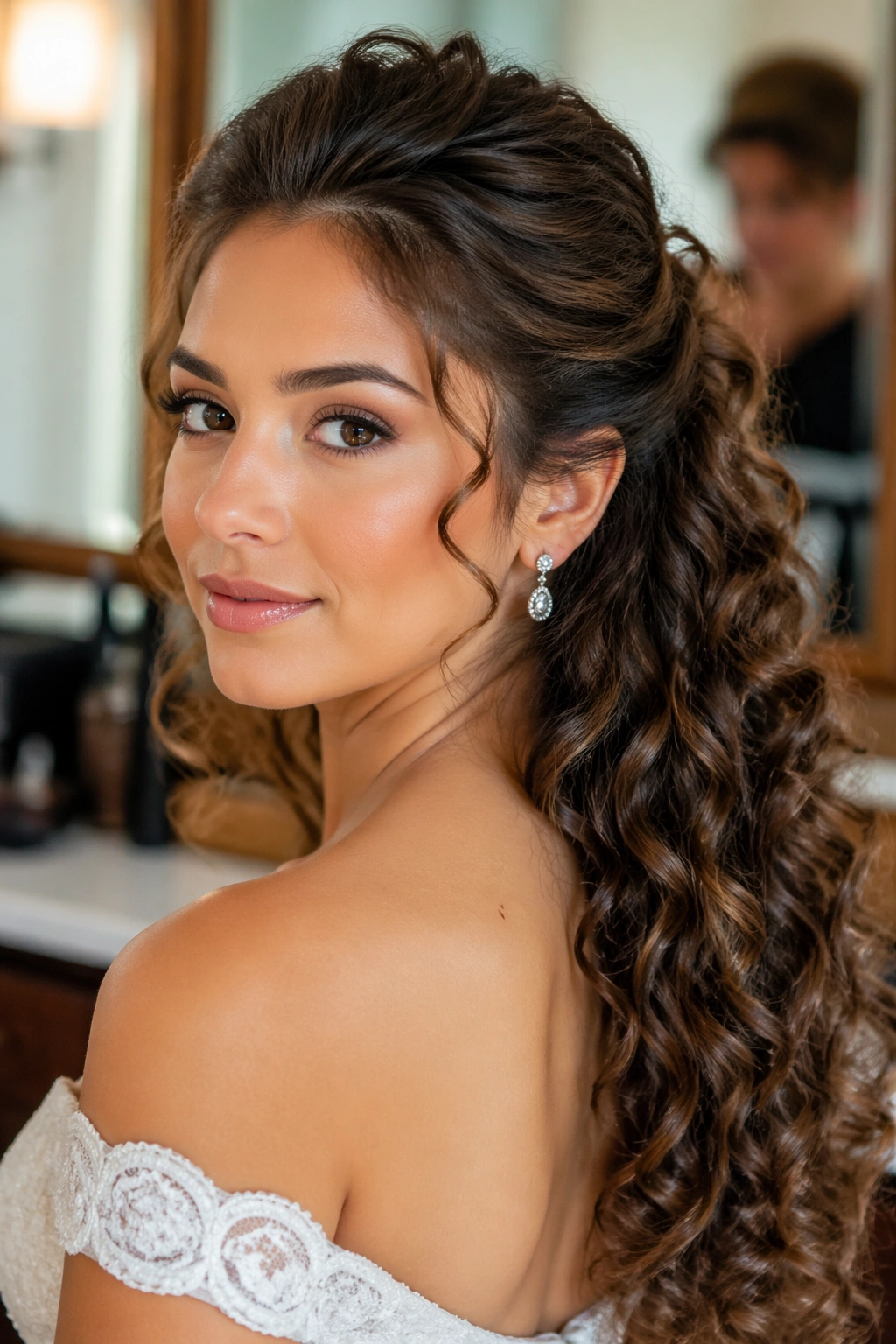 Close-up portrait of a real woman with tucked back sides and center volume in curly wedding hair