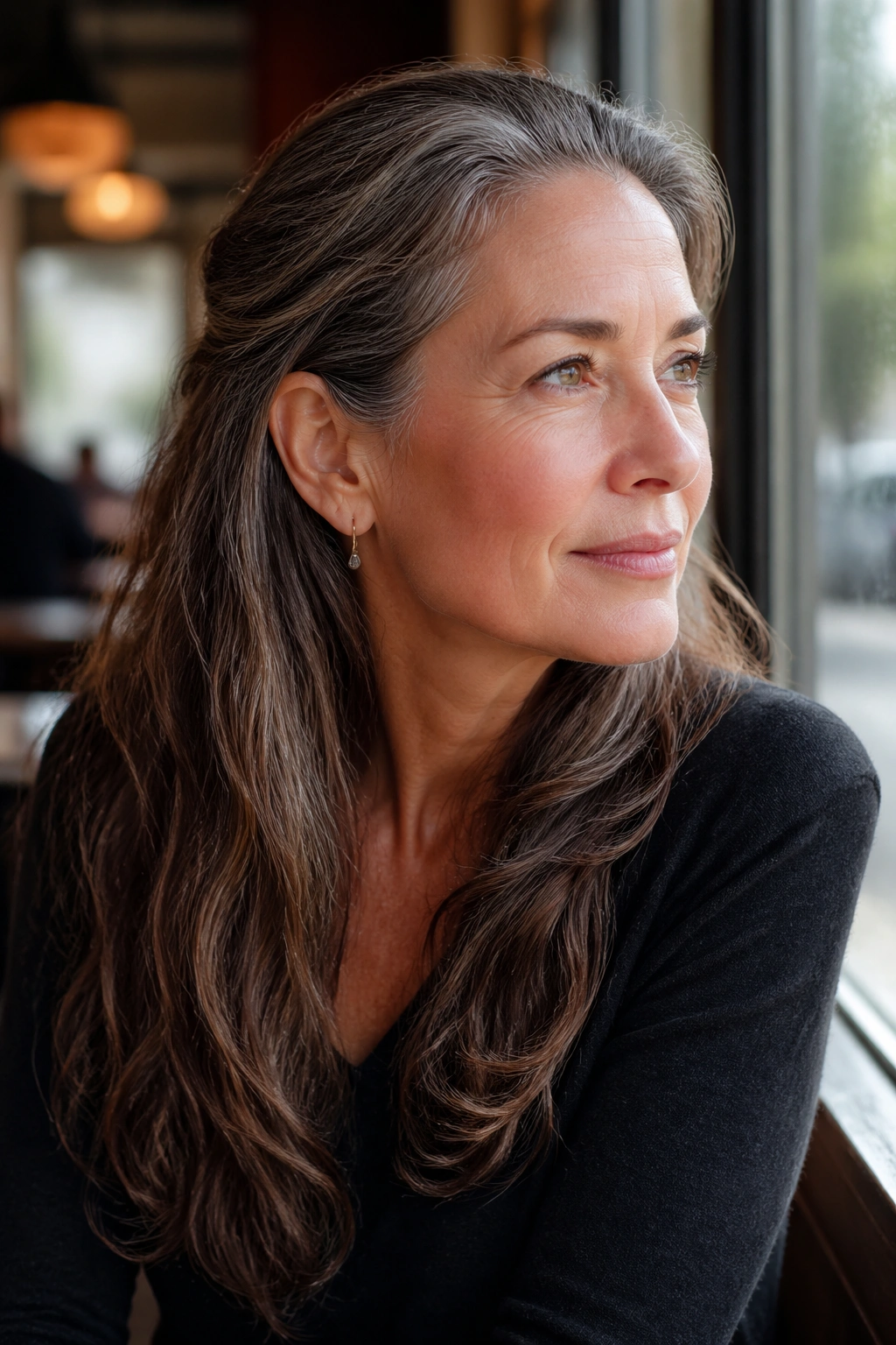 Close-up portrait of a real woman with tucked-back sides and long back length.