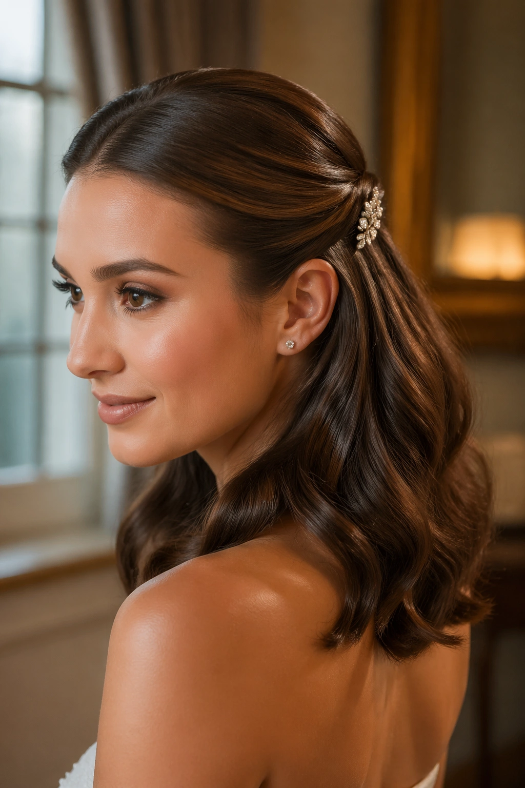 Portrait of a woman with tucked-back polished waves and a decorative comb