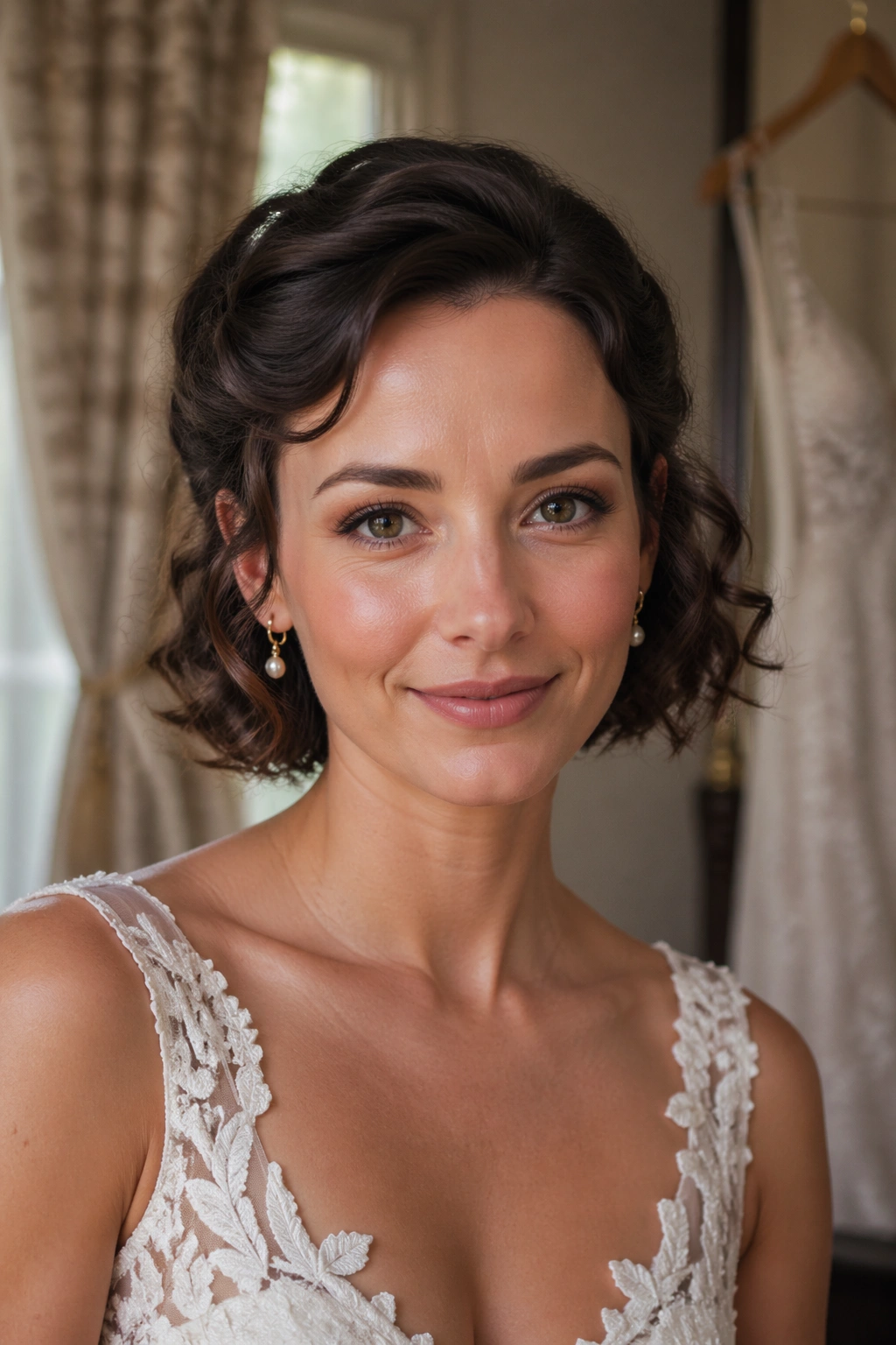 Close-up of a woman with a tucked-back romantic bob showing loose ends in bridal suite light