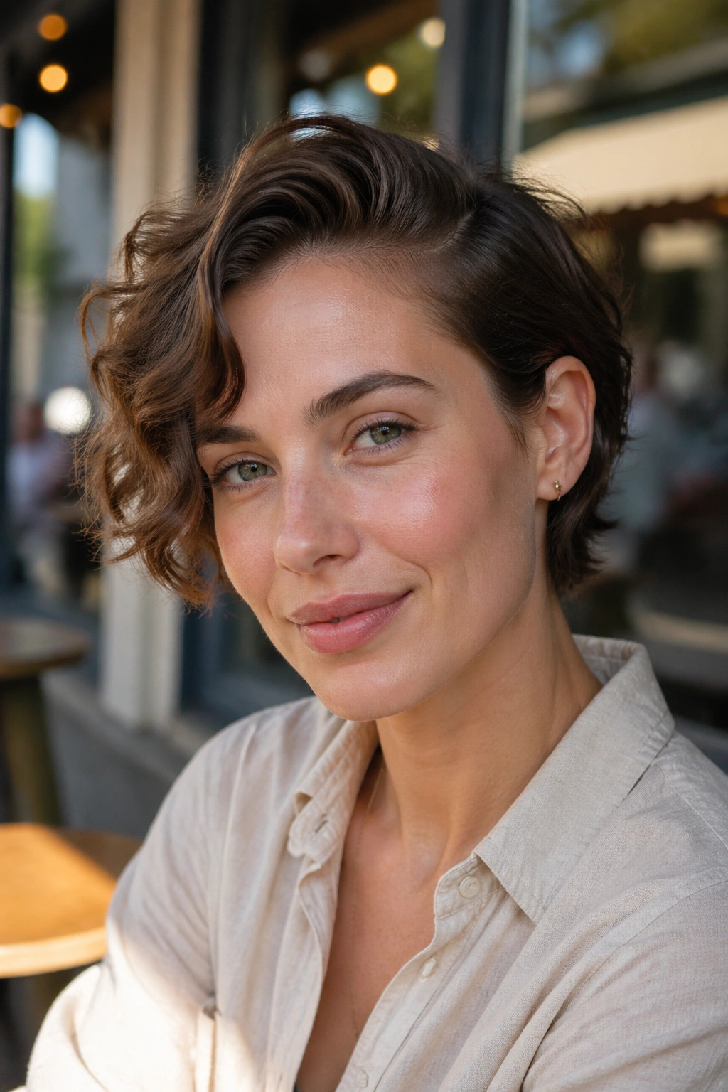 Portrait of a real woman with a tucked-behind-ear crop in an urban cafe setting.