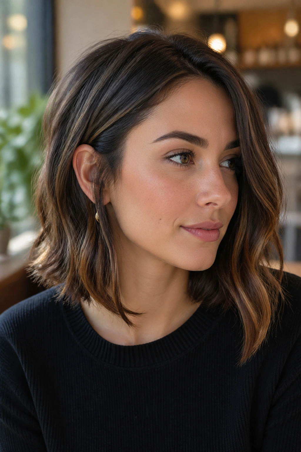 Close-up of a real woman with a tucked-behind-ear lob and extra front length