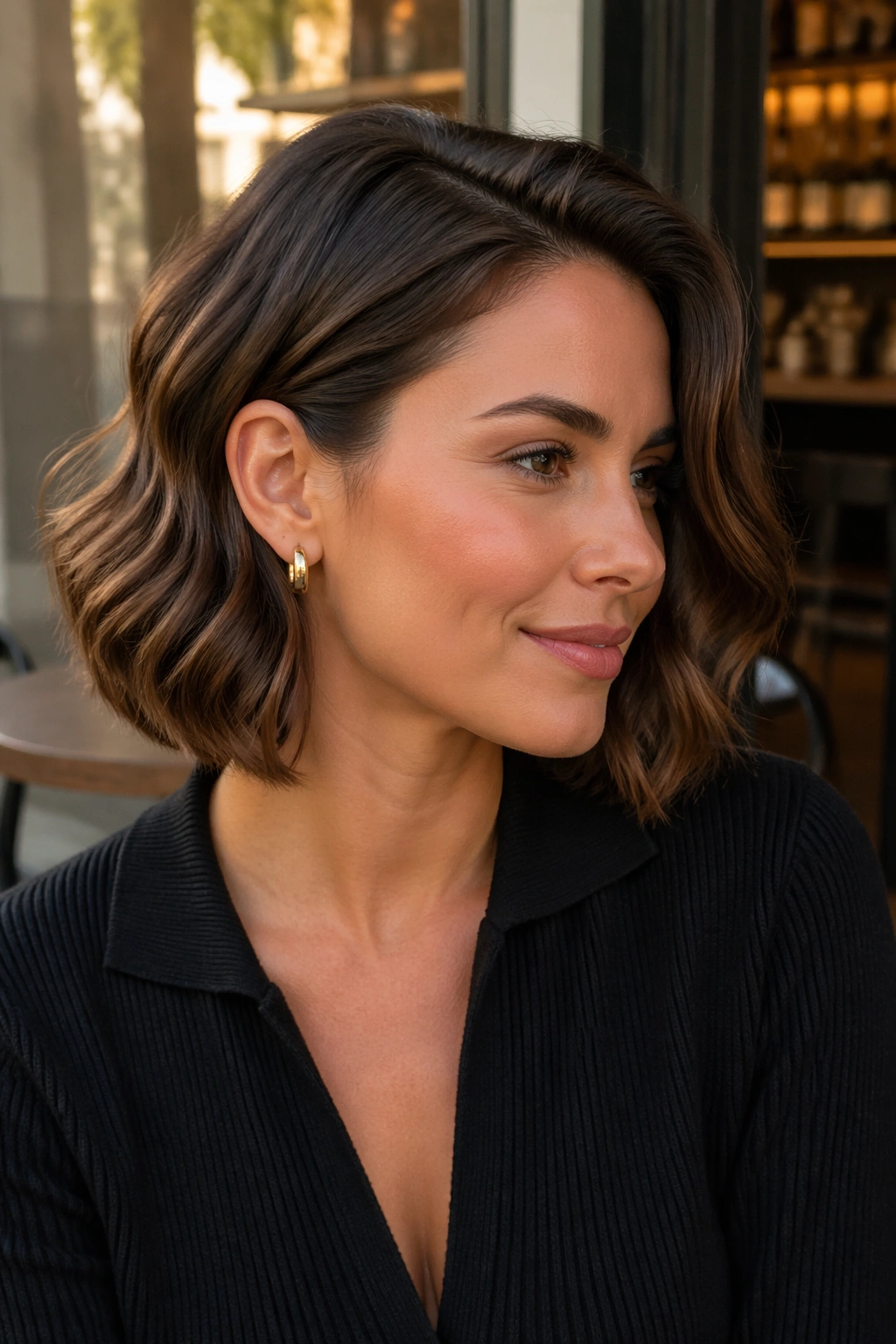 Portrait of a woman with a lob tucked behind her ear on one side