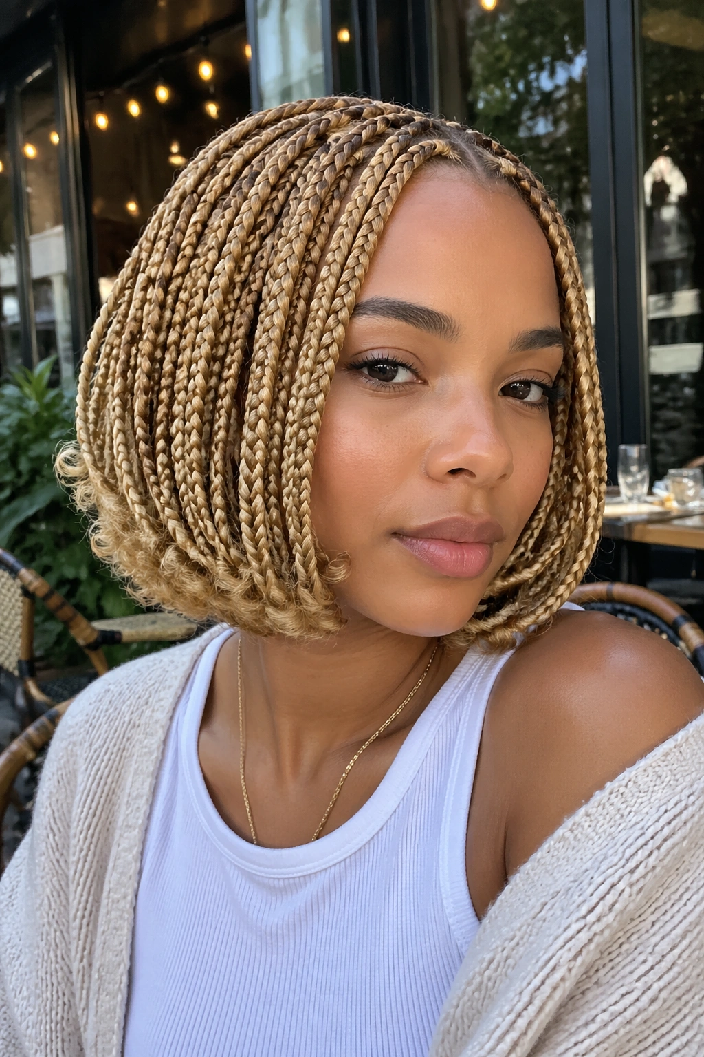 Close-up of blonde knotless braids tucked into a bob finish on a real person