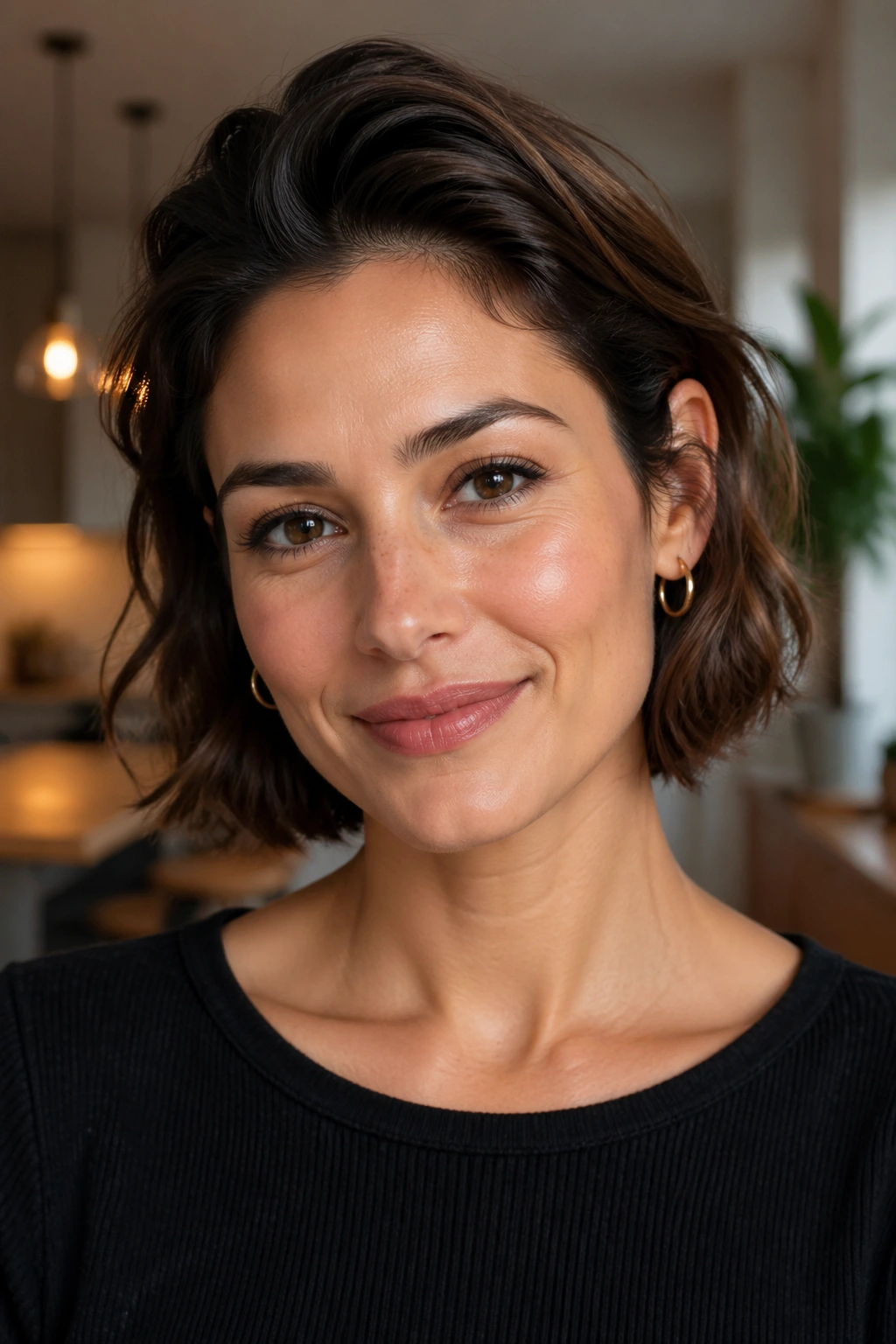 Close-up portrait of a real woman with tucked sides and crown volume in warm interior light
