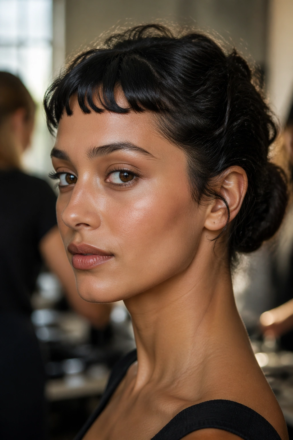 Close-up of a real woman with a tucked chignon and baby bangs, soft window light.