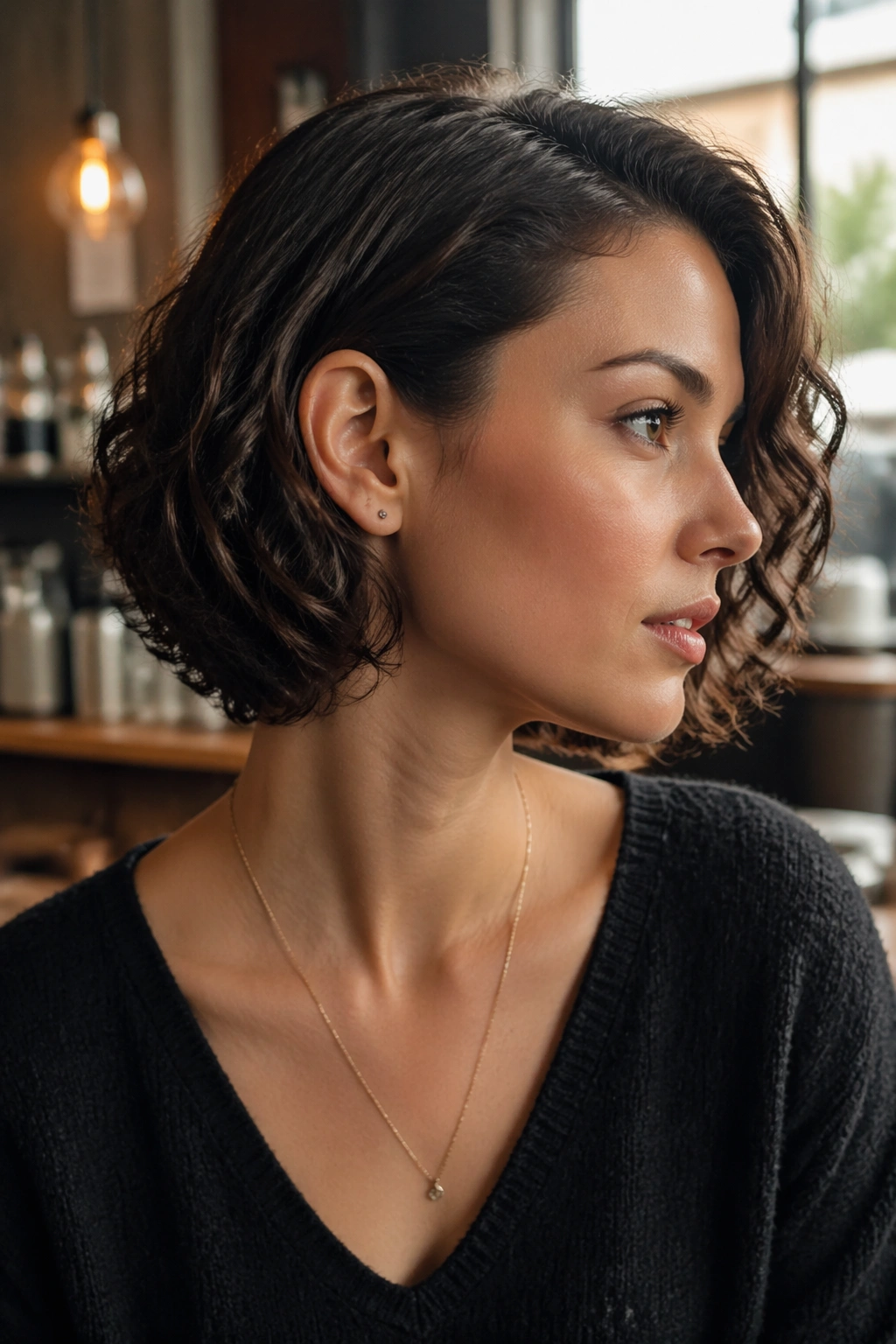 Tucked-behind-ear curly bob side profile