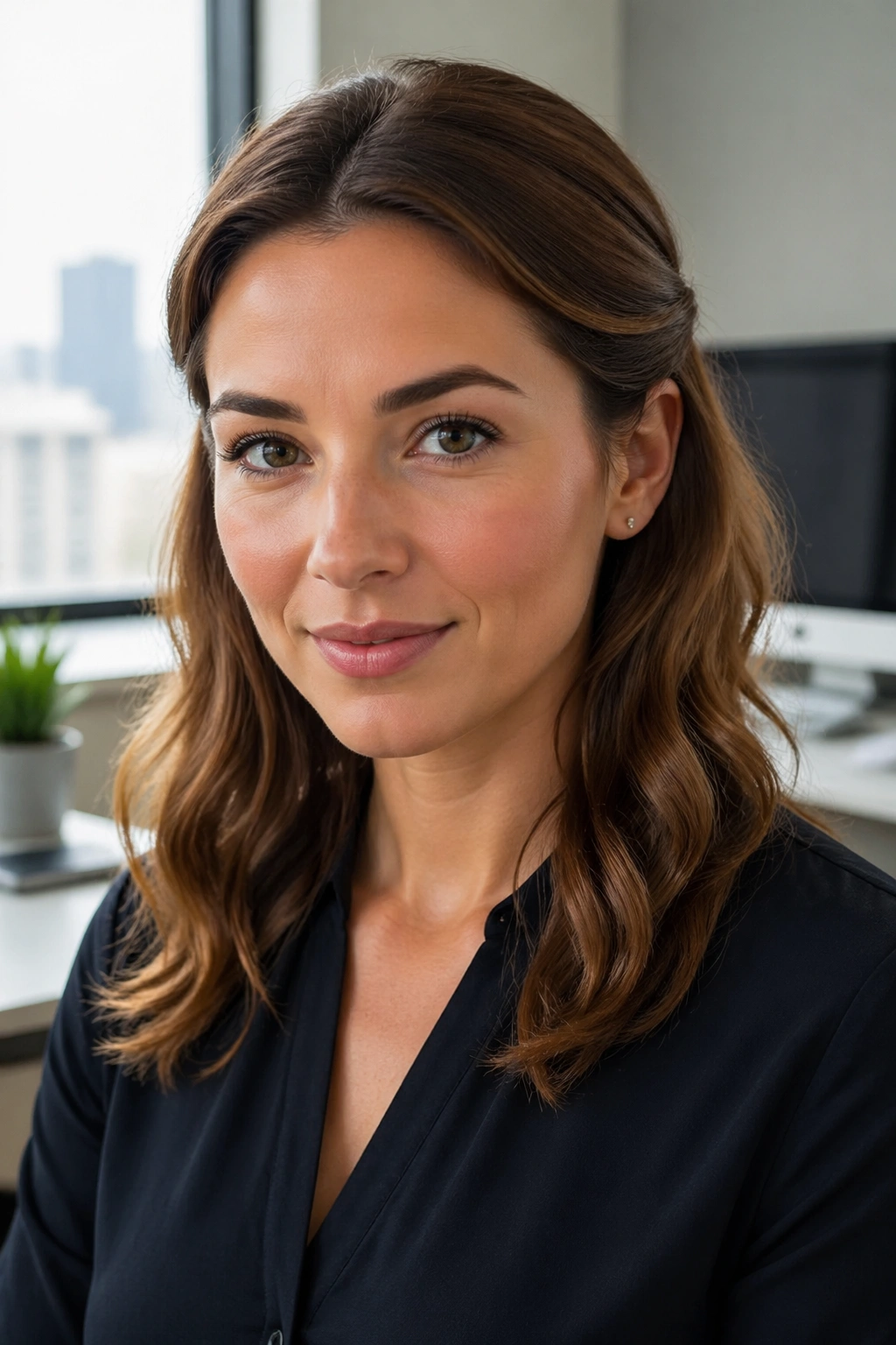 Close-up of a real woman with tucked behind ears waves and temple volume in a bright office setting