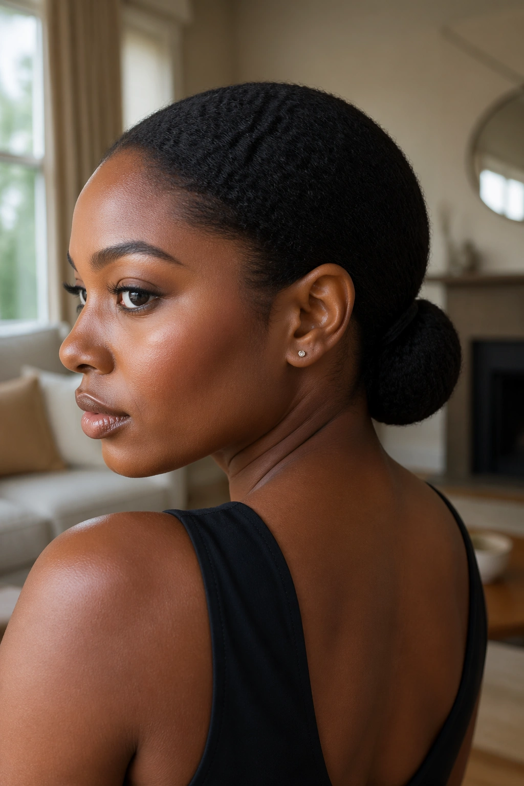 Close-up of a real woman with a tucked-end low ponytail at the nape, neat and smooth