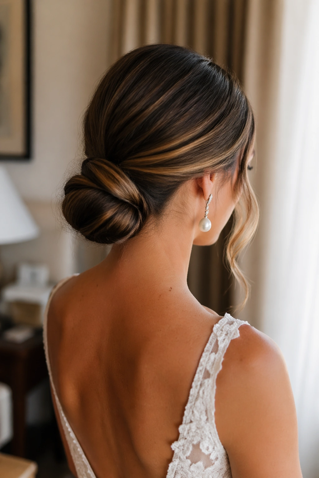 Back-three-quarter view of bride with tucked-end ponytail forming a soft loop