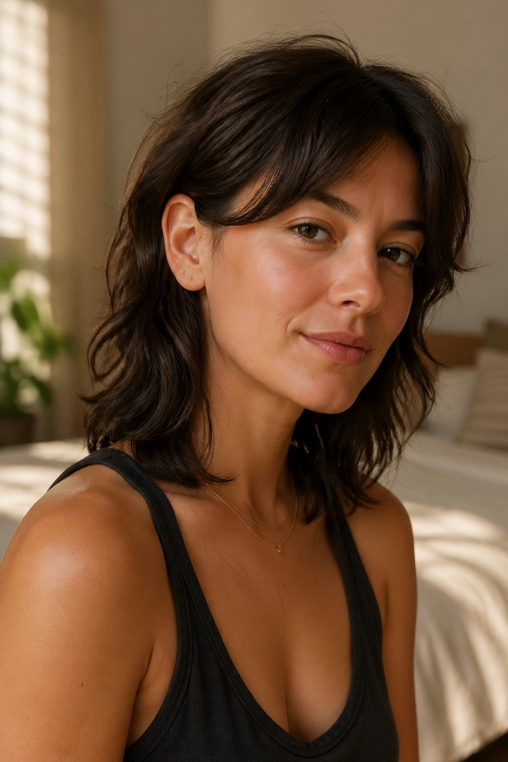 Close-up of a real woman with a tucked-end shag showing feathered ends tucked behind the ear