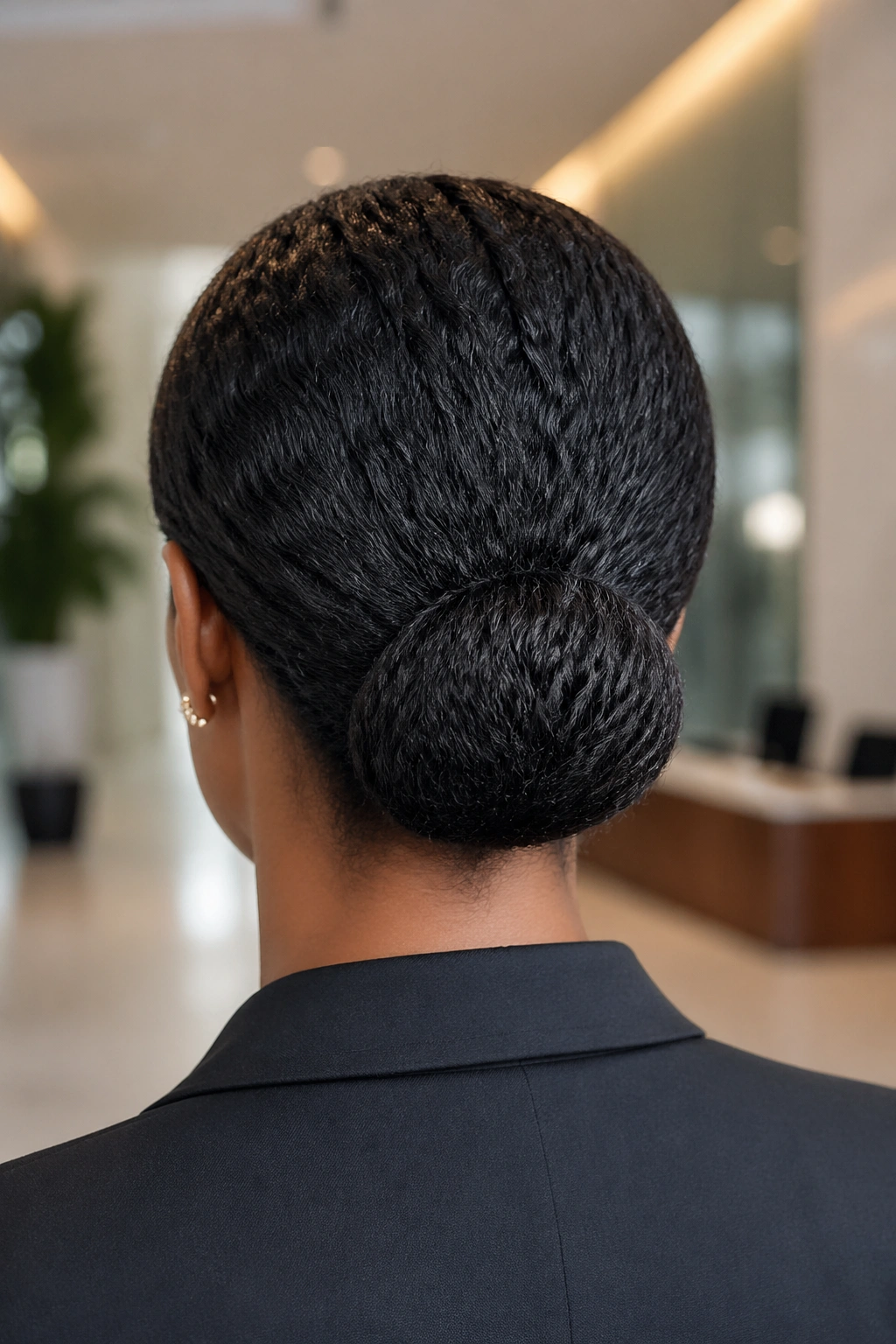 Rear view of tucked ends bun at the nape on a real person