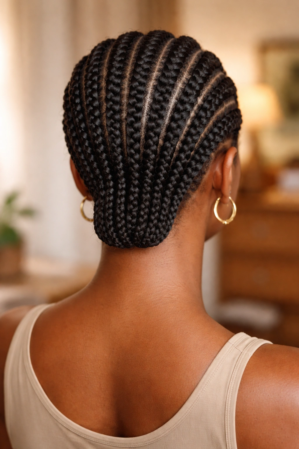 Back-of-head view of cornrows with tucked ends tucked under braids.