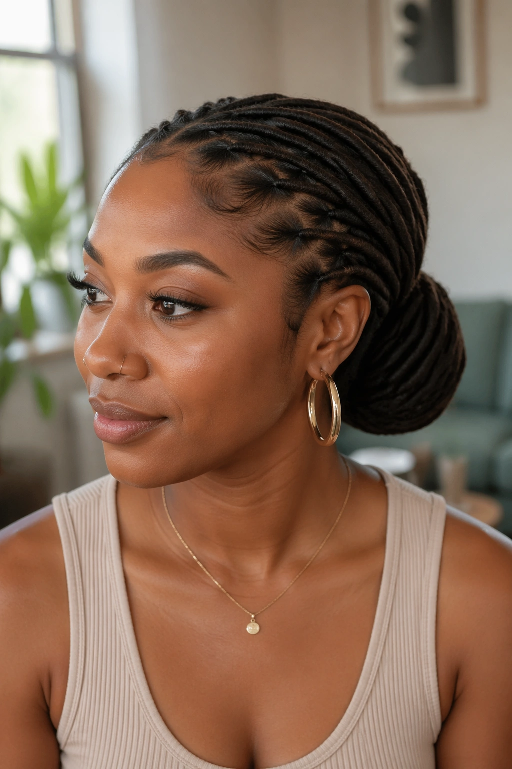 Close-up of a real woman with a tucked-ends ponytail, ends tucked under near the elastic.